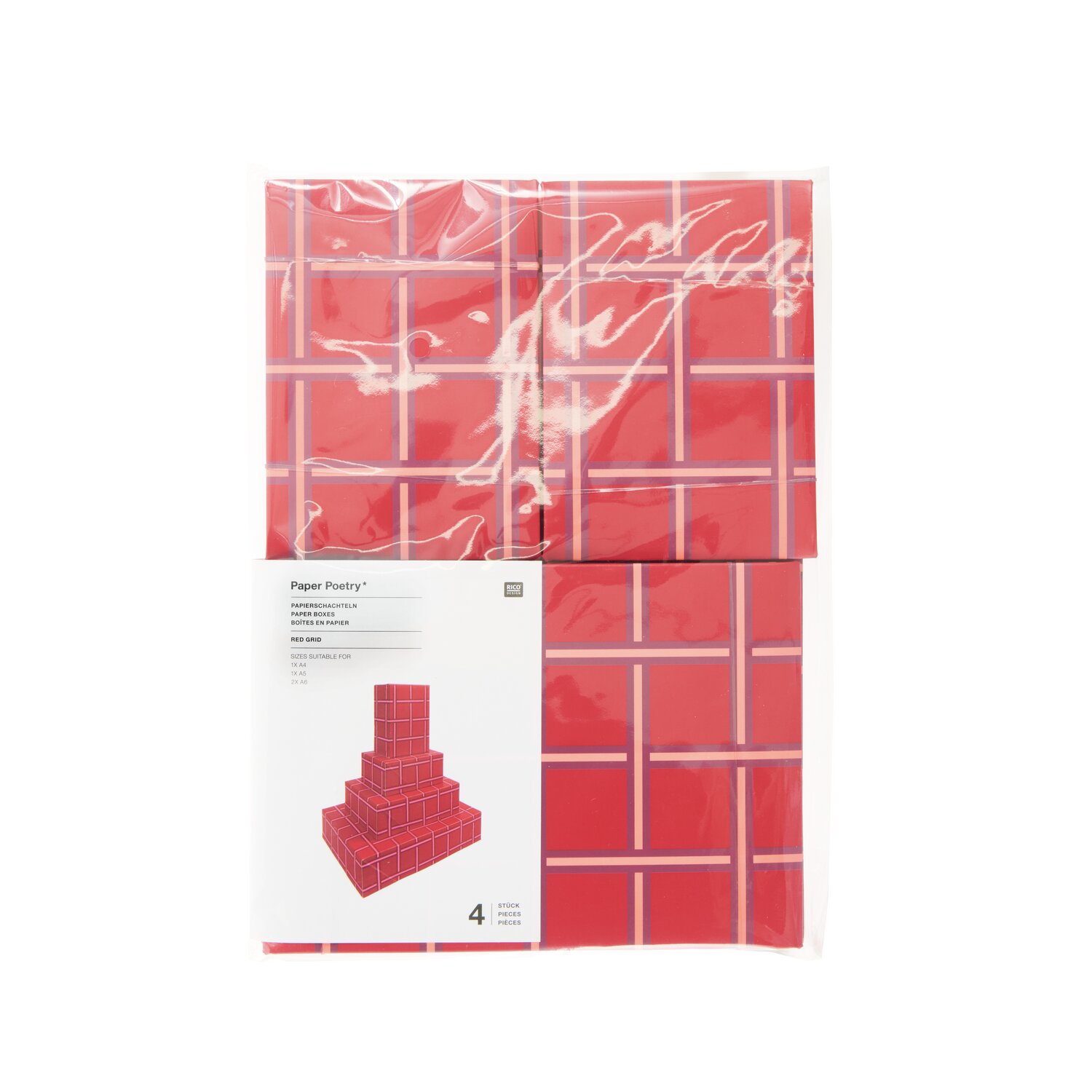 Paper Poetry Papierschachtel Set Raster, 4 Stück, von Rico Design, in Rot mit Rastermuster. Ideal für kreative Verpackungen.