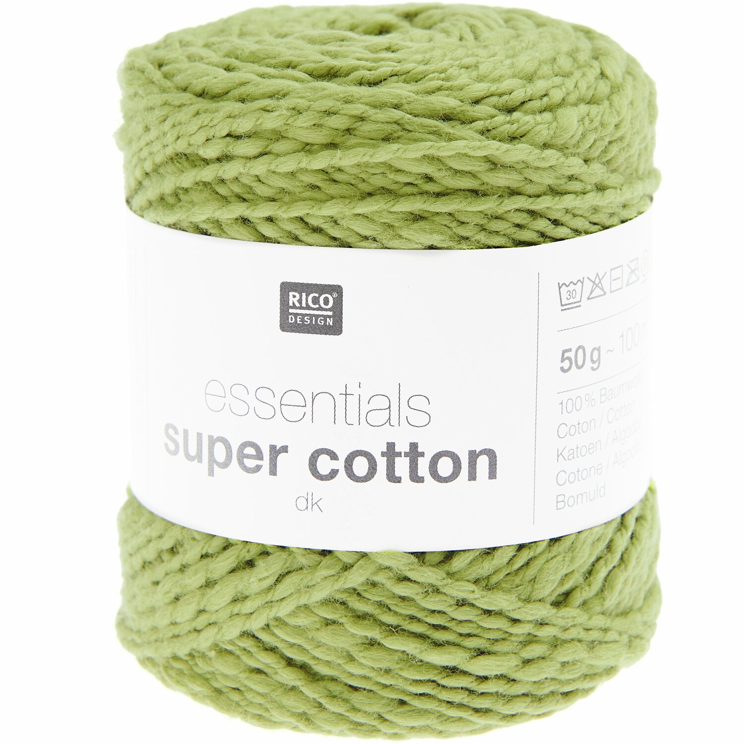 Essentials Super Cotton dk, 50g 100m, in Grün von Rico Design. Weiches Baumwollgarn für Strick- und Häkelprojekte.