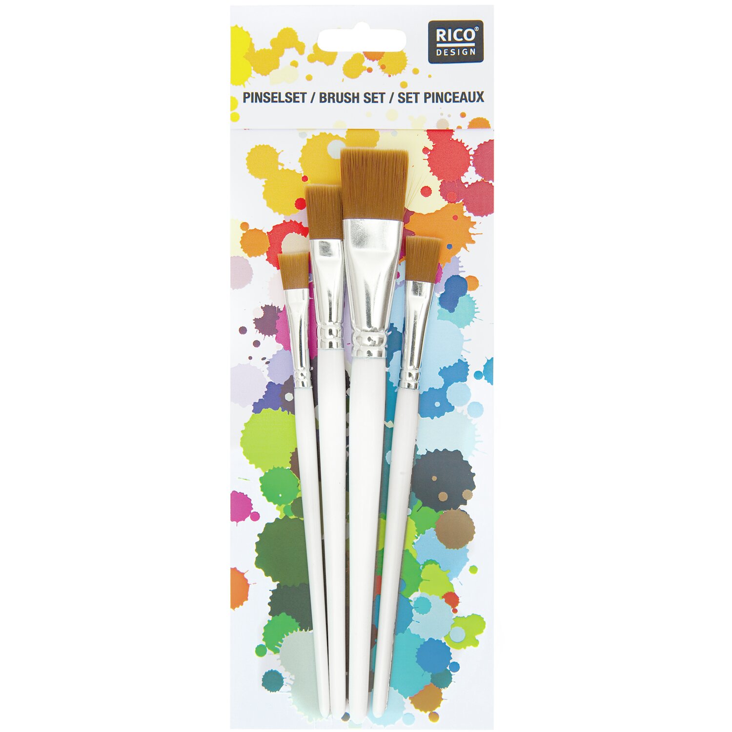 Spezialhobby Pinselset von Rico Design, 4-teilig, mit weißen Griffen vor buntem Hintergrund.