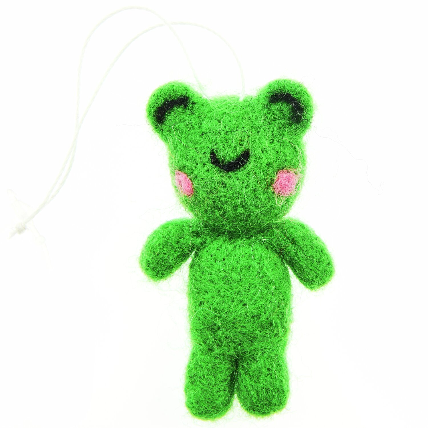 Aufhänger Filz-Frosch 3D Grün: Niedlicher Filz-Frosch mit rosa Wangen, ideal als Dekoration. Größe: 7 x 3,9 x 2,4 cm.