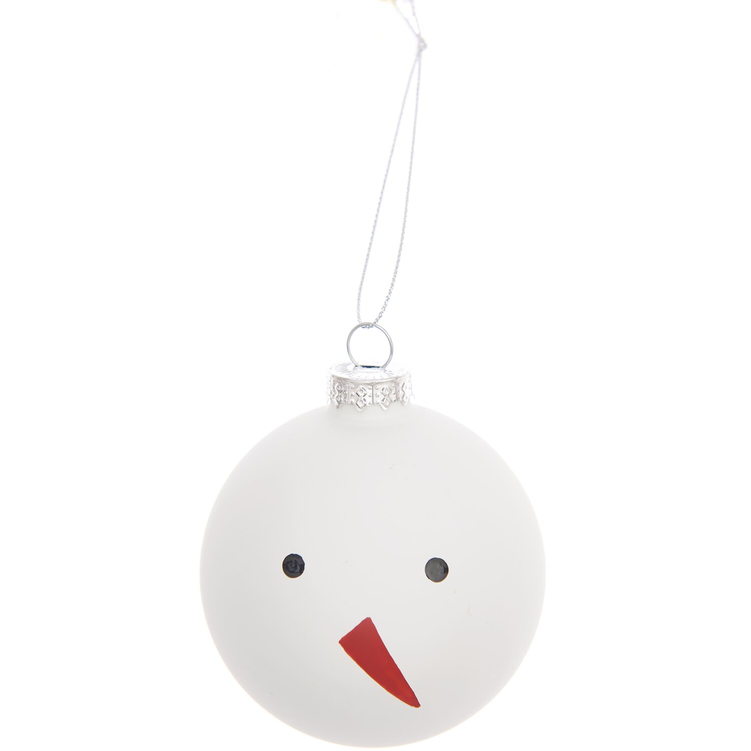 Glaskugel Baumschmuck Schneemann 8cm: Weiße Kugel mit Schneemann-Gesicht, ideal für festliche Dekorationen.