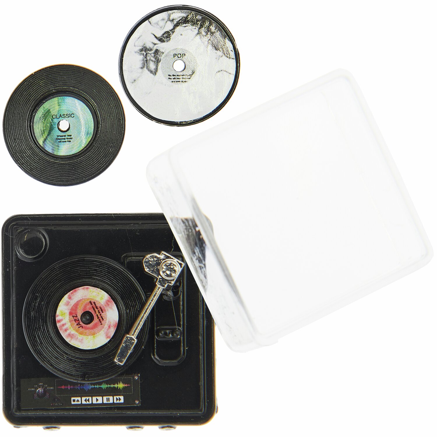 Miniatur Plattenspieler mit Schallplatten, inklusive zwei Schallplatten, von Rico Design.