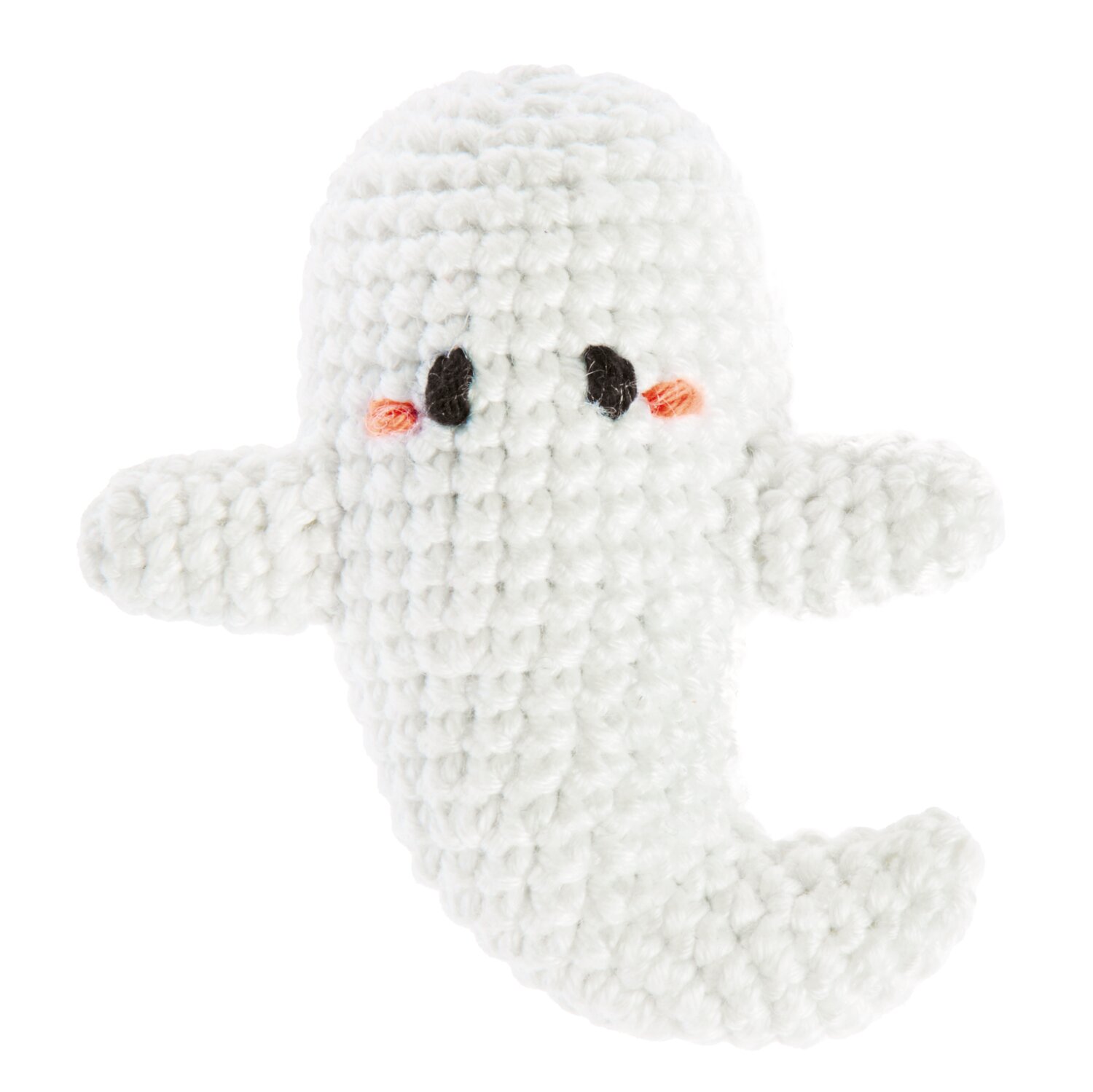 Ricorumi In the Meadow zeigt ein gehäkeltes Geist-Amigurumi aus Ricorumi Glow In The Dark dk, mit kontrastierenden schwarzen und orangenen Stickdetails, 25g 60m.