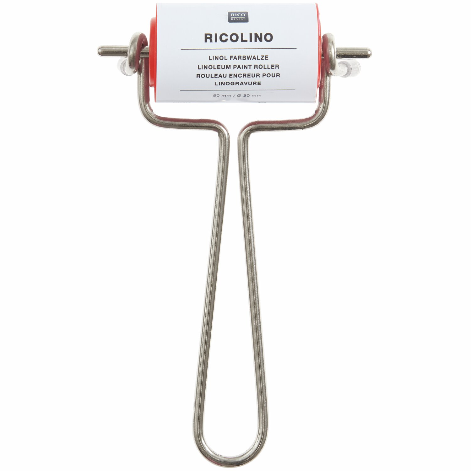 Linolwalze von Rico Design mit rotem Griff, ideal für präzises Drucken auf Linoleum. Ø3cm.