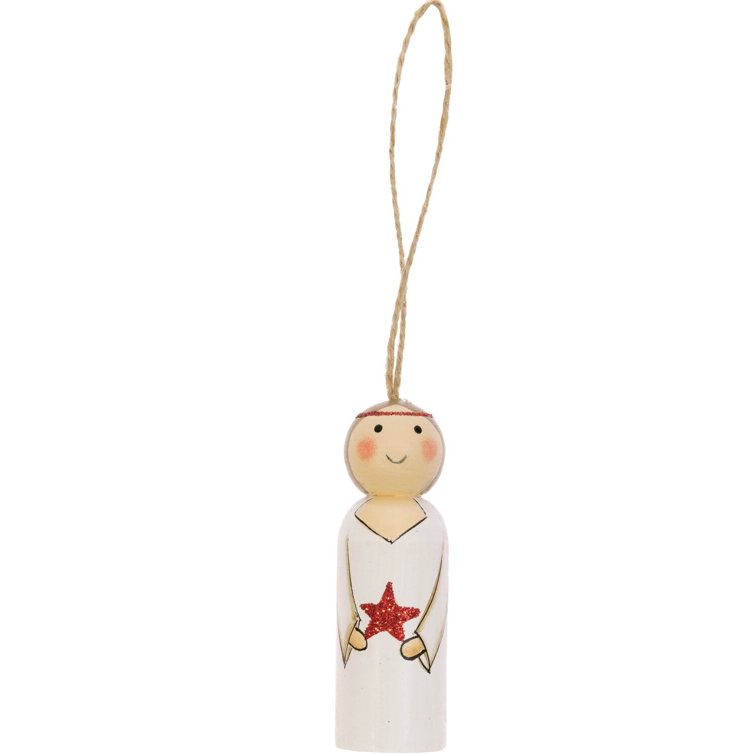 Holzhänger Engel mit Stern weiß 3x9cm zeigt einen lächelnden Engel mit rotem Sternanhänger.