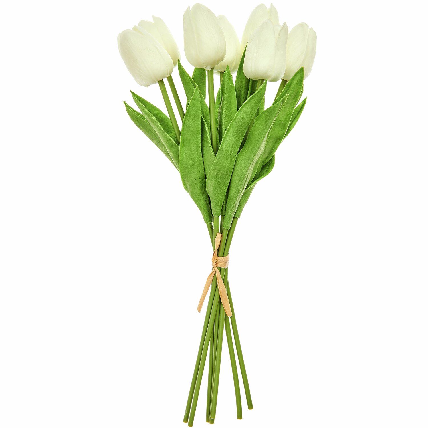 Tulpenstrauß mit 7 Blüten, 33,5cm, von Rico Design. Elegante weiße Tulpen mit grünen Blättern, gebunden mit einem Band.