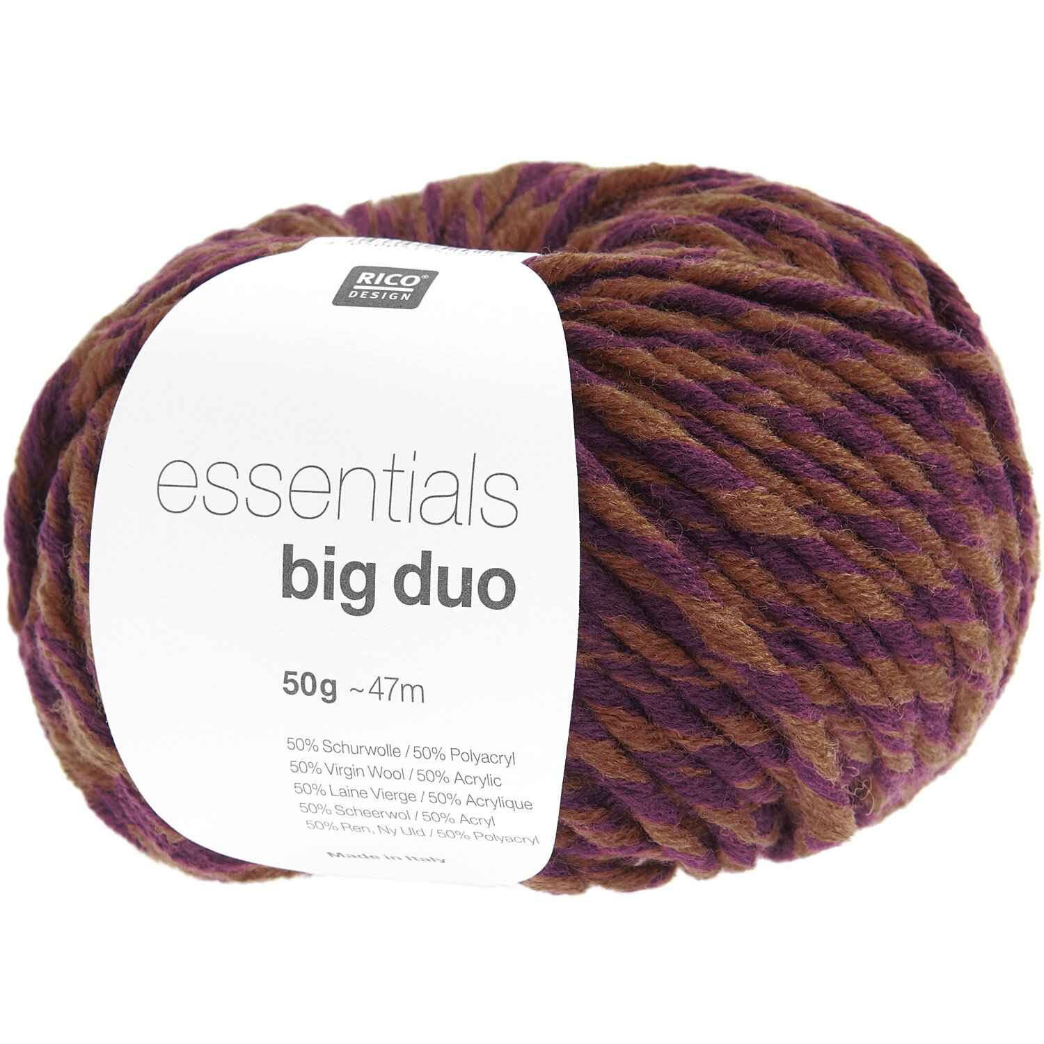 Essentials Big Duo Wolle in Aubergine/Rehbraun von Rico Design, 50g, 47m, ideal für Strickprojekte.