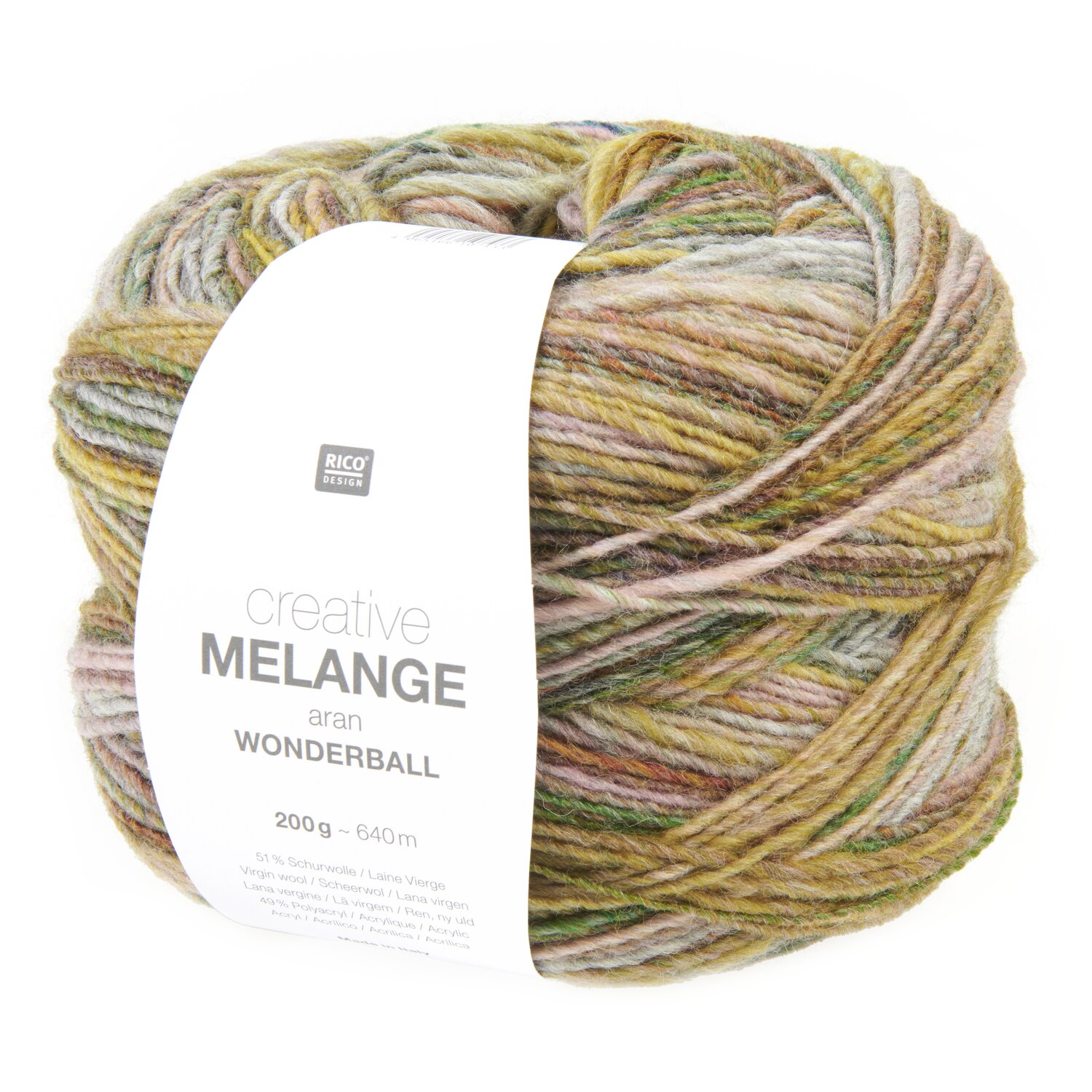Creative Melange aran Wonderball: Bunte Garnrolle von Rico Design, 200g, 640m, ideal für Strickprojekte.