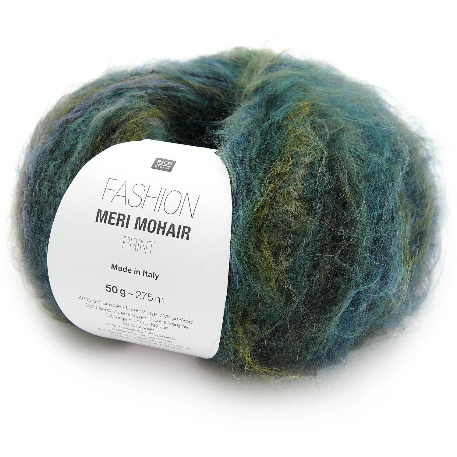 Fashion Meri Mohair Print, weiches Garn in Blau- und Grüntönen, 50g, 275m, von Rico Design.