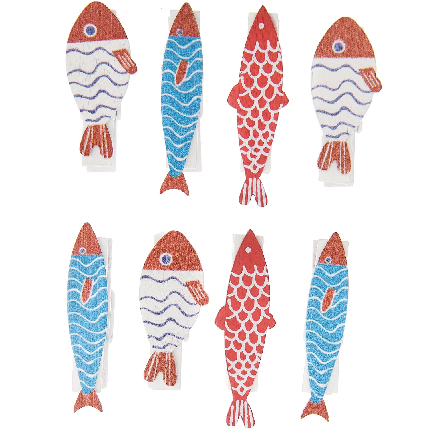 Dekoklammern Fisch Mix rot-blau 7x35mm 8 Stück zeigen bunte Fische in Rot und Blau. Ideal für kreative Dekorationen.