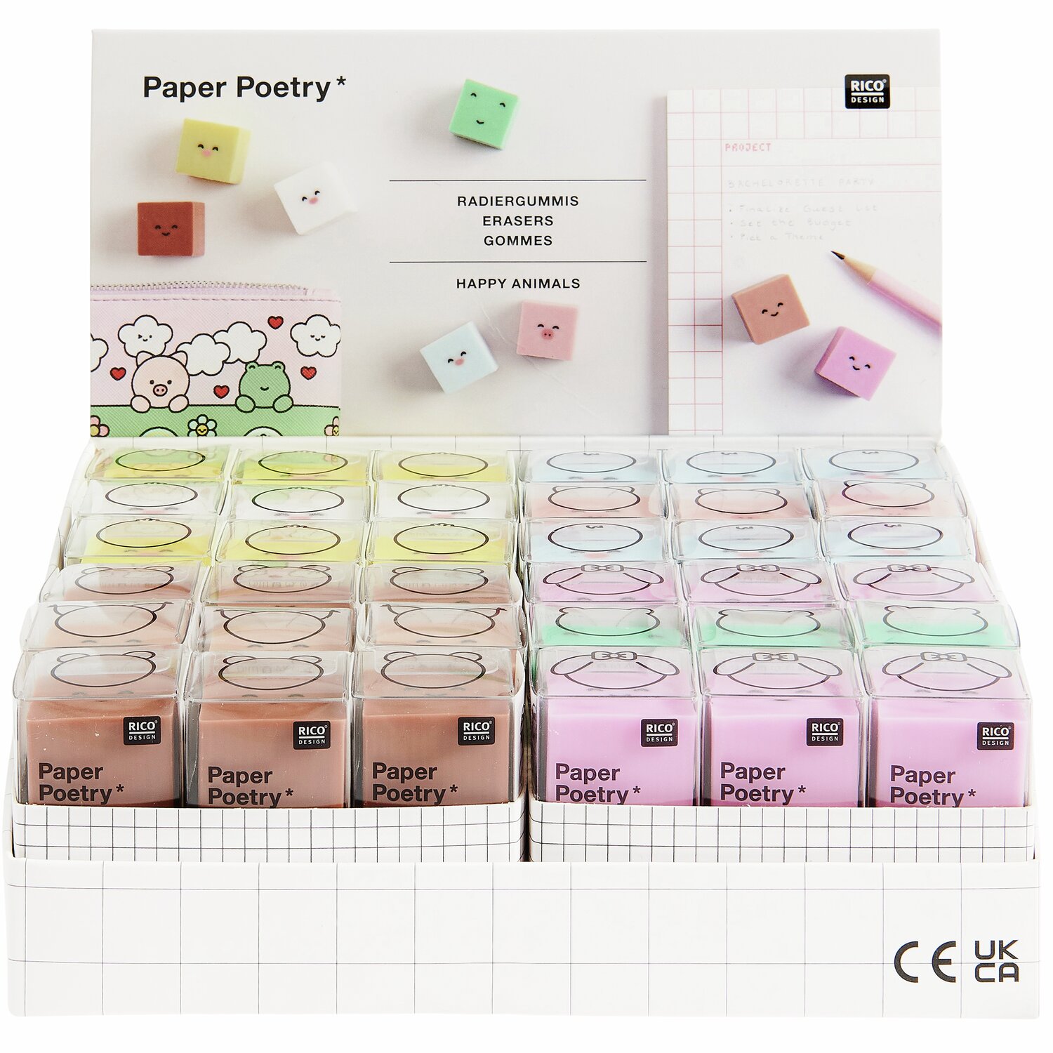 Paper Poetry Radiergummi-Set Chingu, 36-teilig, in bunten Farben, präsentiert in einem Display.