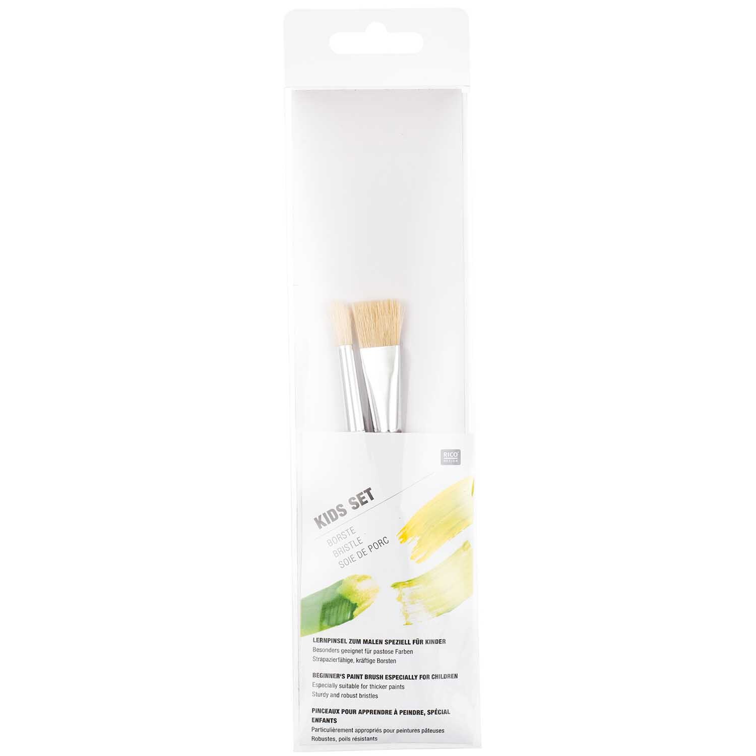 Pinsel Kids Borstenset, 2-teilig, ideal für kreative Kinderprojekte, verpackt in einer transparenten Hülle mit gelben und grünen Akzenten.