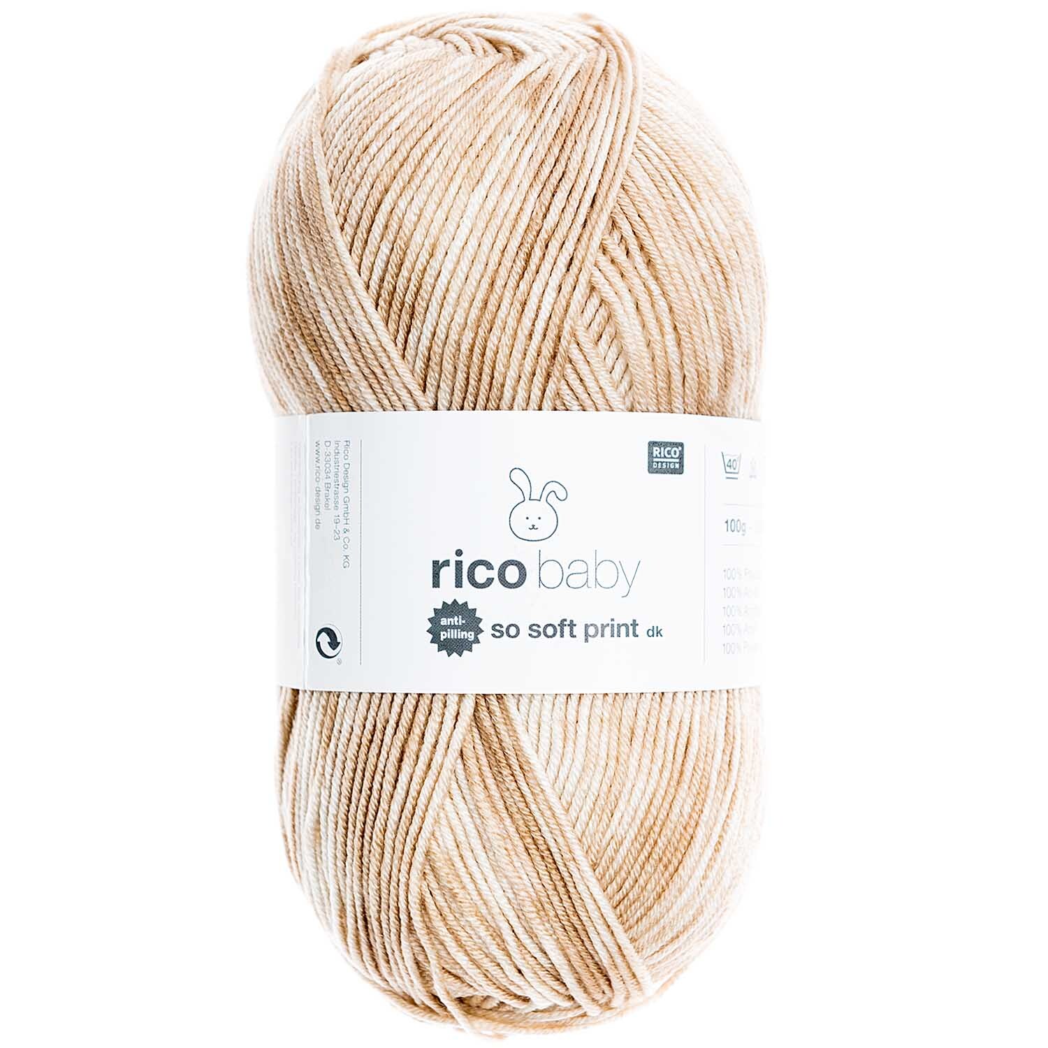 Rico Baby So Soft Print dk 100g 250m Farbe Beige von Rico Design Rico Baby So Soft Print dk: Weiches, beiges Garnknäuel von Rico Design, ideal für Babyprojekte.