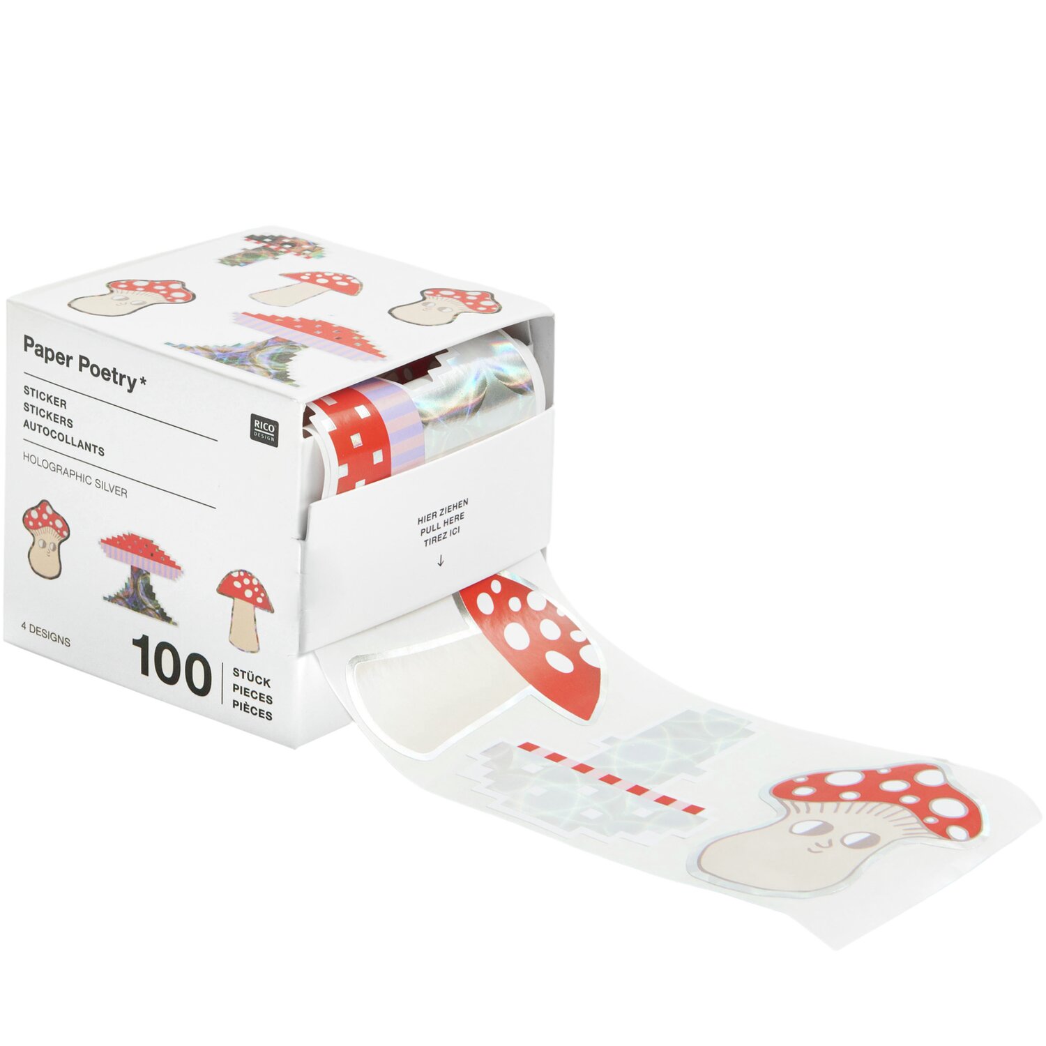 Paper Poetry Sticker Shrooom Big Reds auf der Rolle, 100 Stück, Ø5cm, mit roten Pilzmotiven. Verpackung zeigt Stickerdesigns.