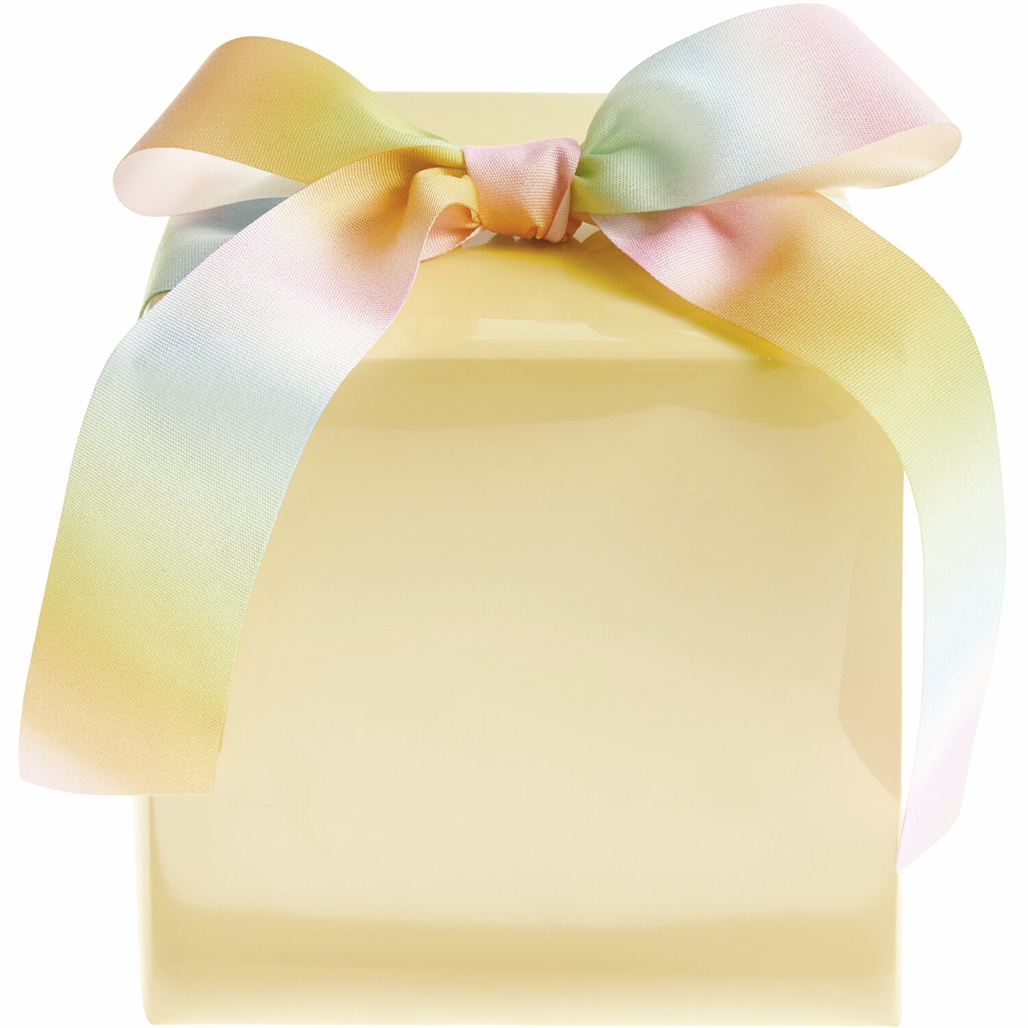 Paper Poetry Geschenkpapier Lack: Pastellfarbenes Geschenk mit Regenbogenschleife, ideal für stilvolle Verpackungen.