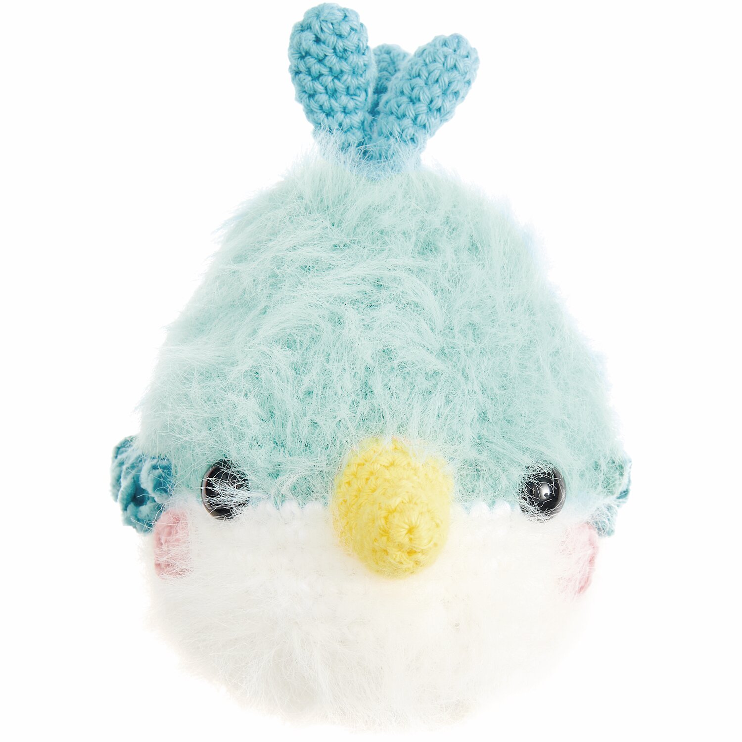 Ricorumi Furry Animals, ein flauschiges, türkisfarbenes Häkelspielzeug mit gelbem Schnabel und Sicherheitsaugen in Schwarz.