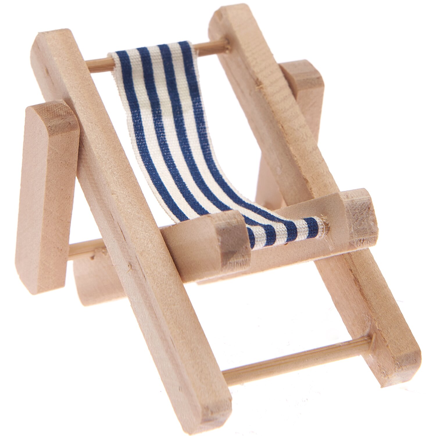 Deko-Liegestuhl blau-weiß aus Holz mit gestreiftem Stoff von Rico Design. Ideal für Miniatur-Dekorationen.