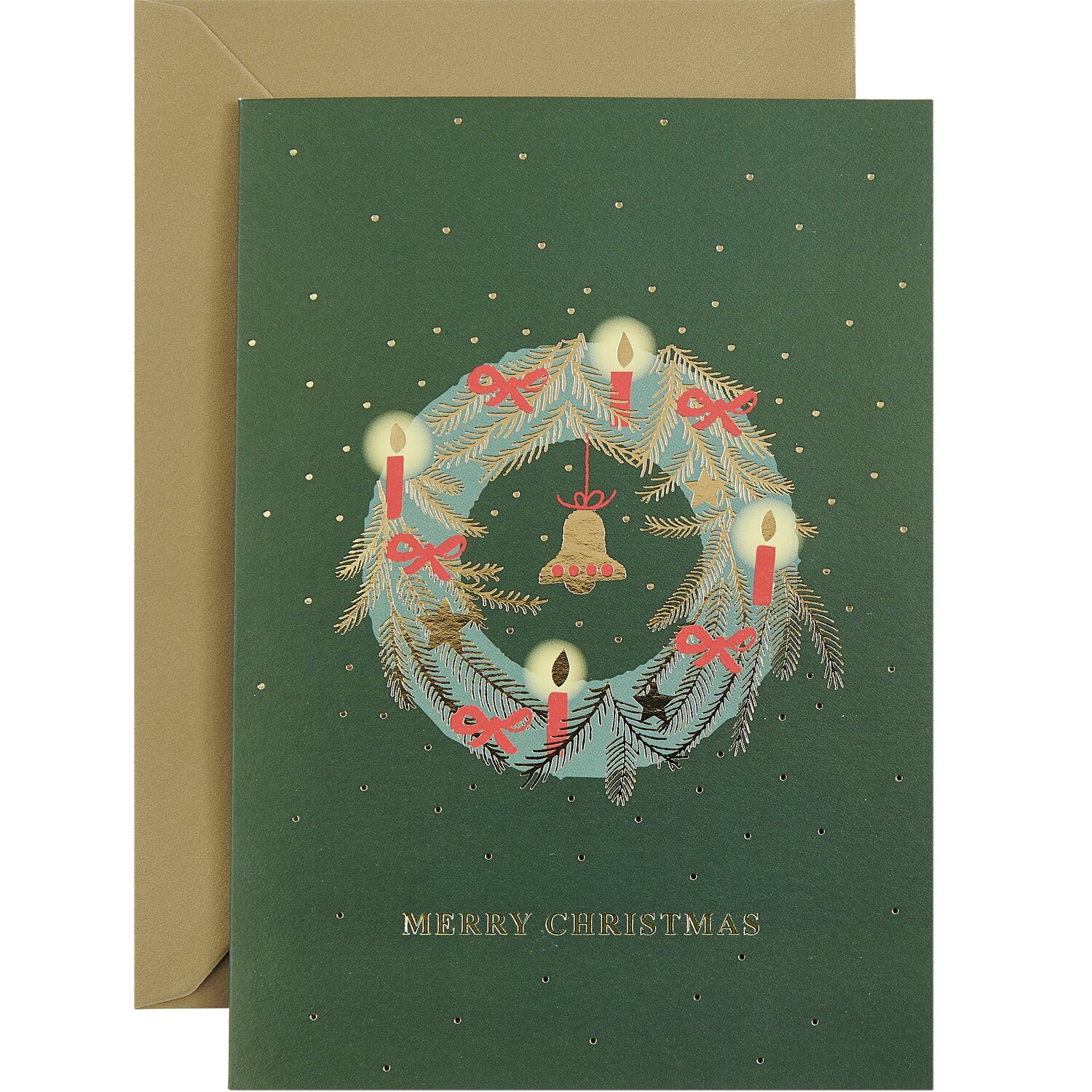 Kartenset Kranz: Weihnachtskarte mit Kranzmotiv und Kerzen auf dunkelgrünem Hintergrund von Rico Design.