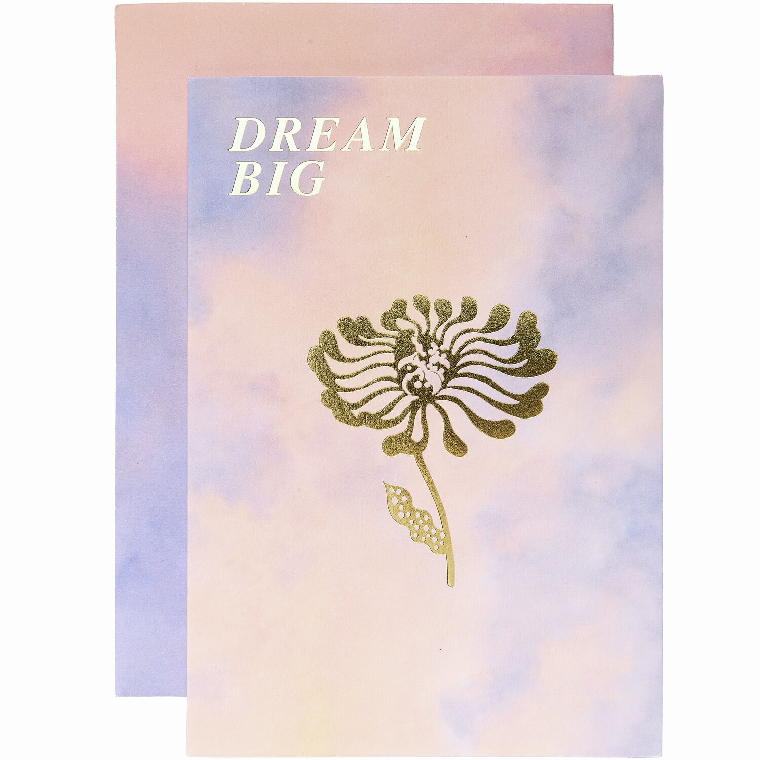 Grußkarte Sky Dream Big mit goldener Blume auf pastellfarbenem Hintergrund, Format B6.