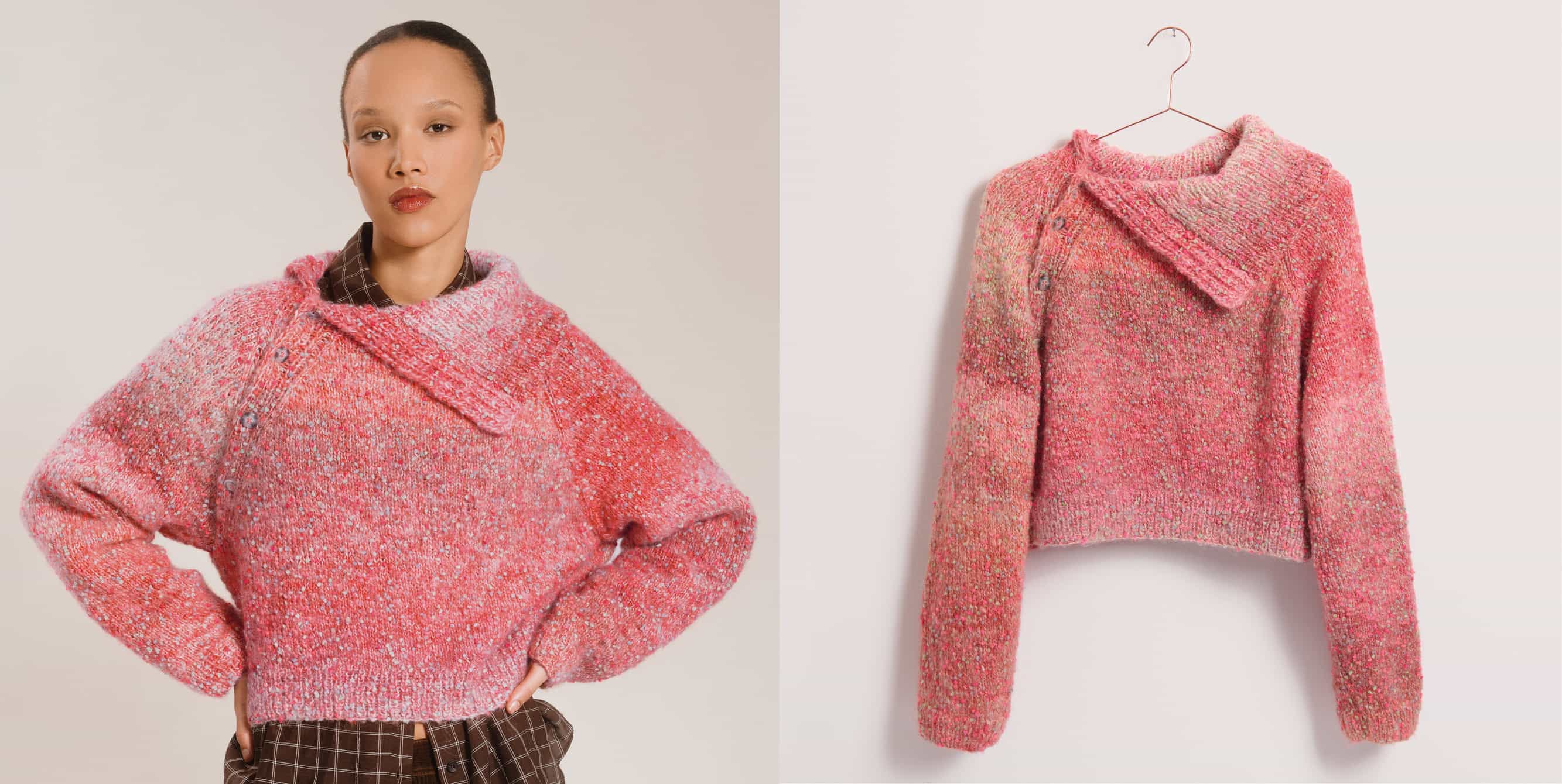 Gestrickter Pullover in Rosatönen, gezeigt als getragenes Modell und Produktansicht. 