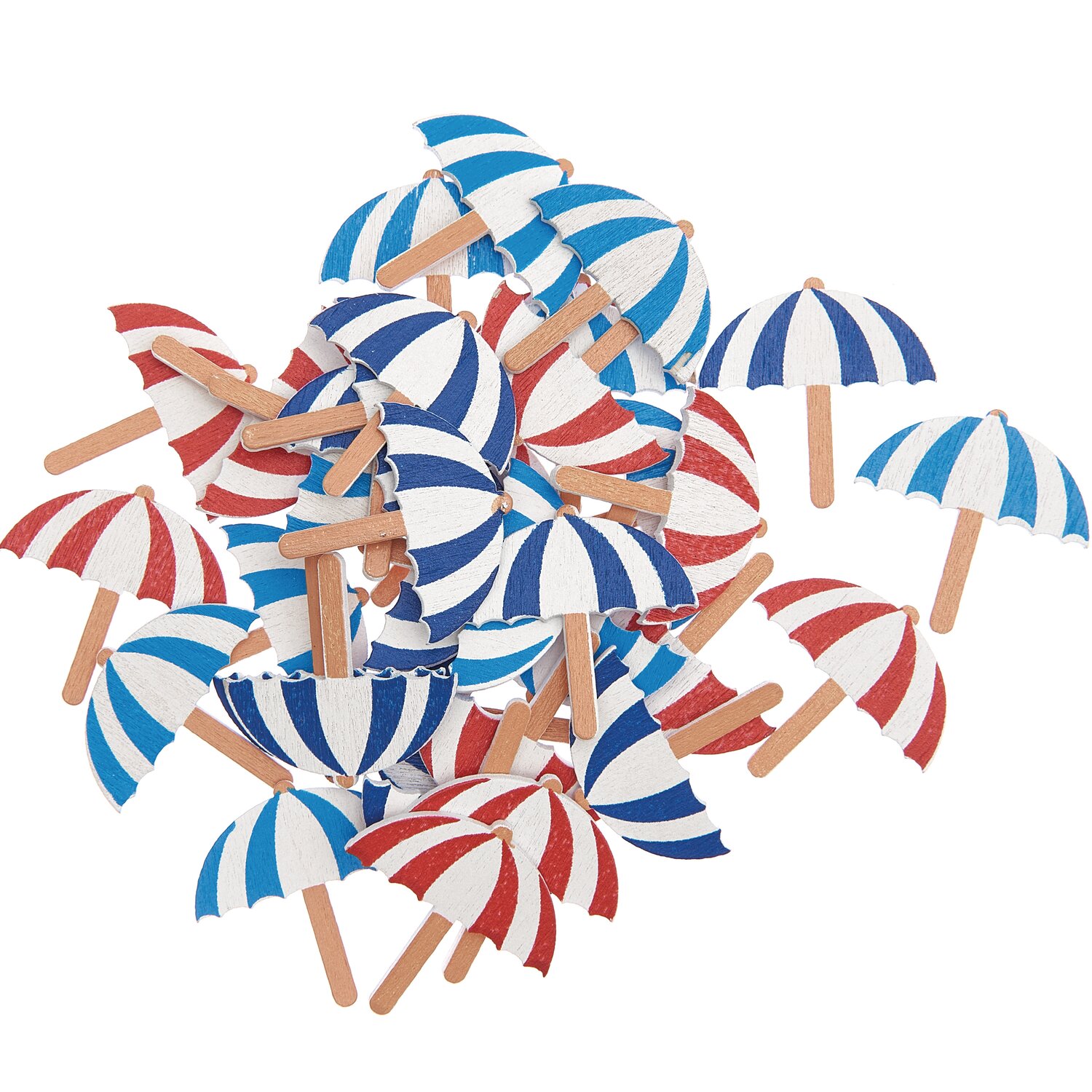 Holzstreu Sonnenschirm rot-weiß/blau-weiß 2x2cm 36 Stück. Kleine, bunte Sonnenschirme aus Holz, ideal für Dekorationen.