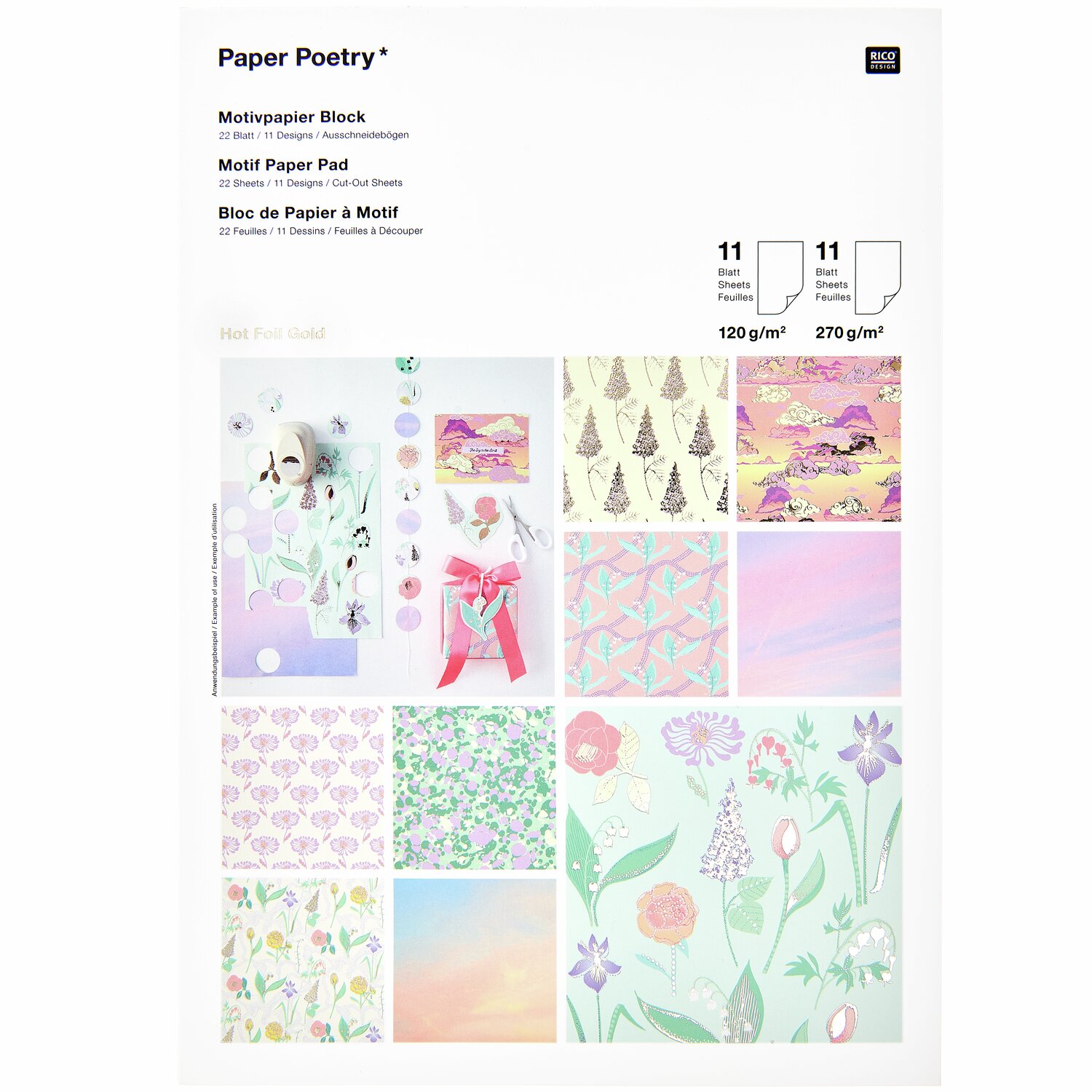 Paper Poetry Motivpapierblock zeigt 11 bunte Designs mit floralen und abstrakten Mustern. Ideal für kreative Projekte. Größe: 21x29,5cm.