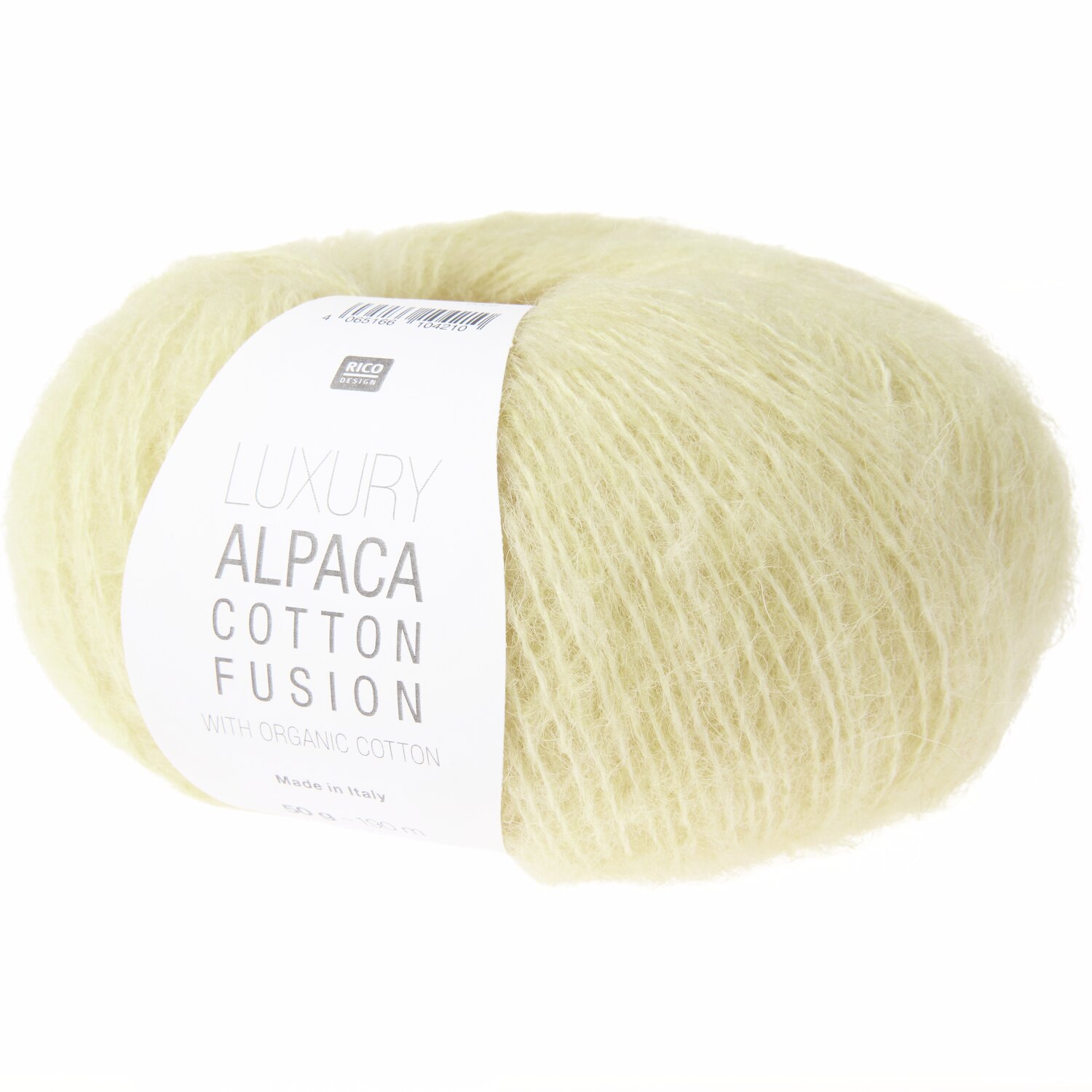 Luxury Alpaca Cotton Fusion: Weiches, hellgelbes Garn von Rico Design, ideal für Strickprojekte.