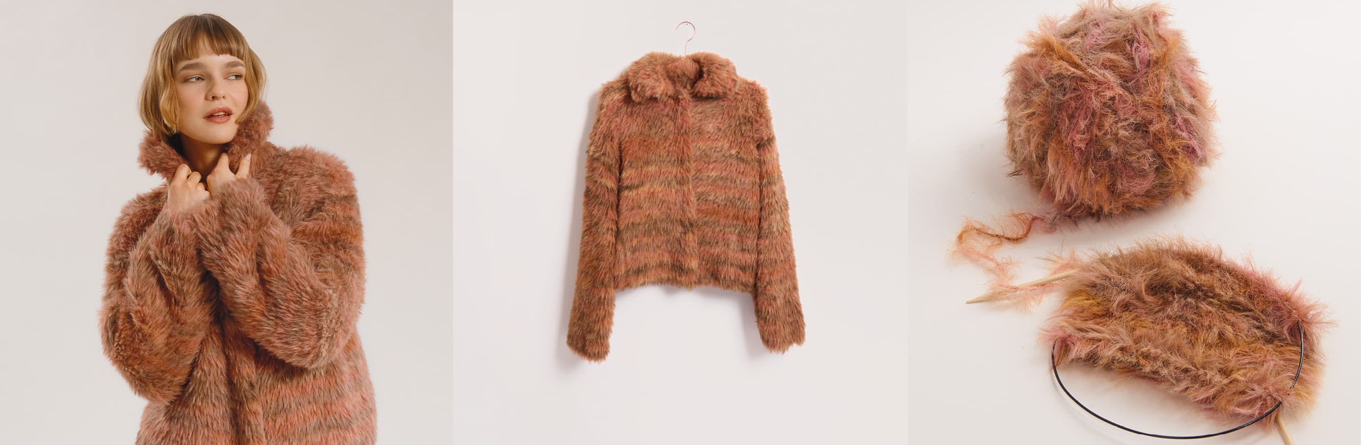 Kuschelige, gestrickte Jacke in warmen Brauntönen, gezeigt als getragenes Modell, Produktansicht und mit passendem Wollknäuel.