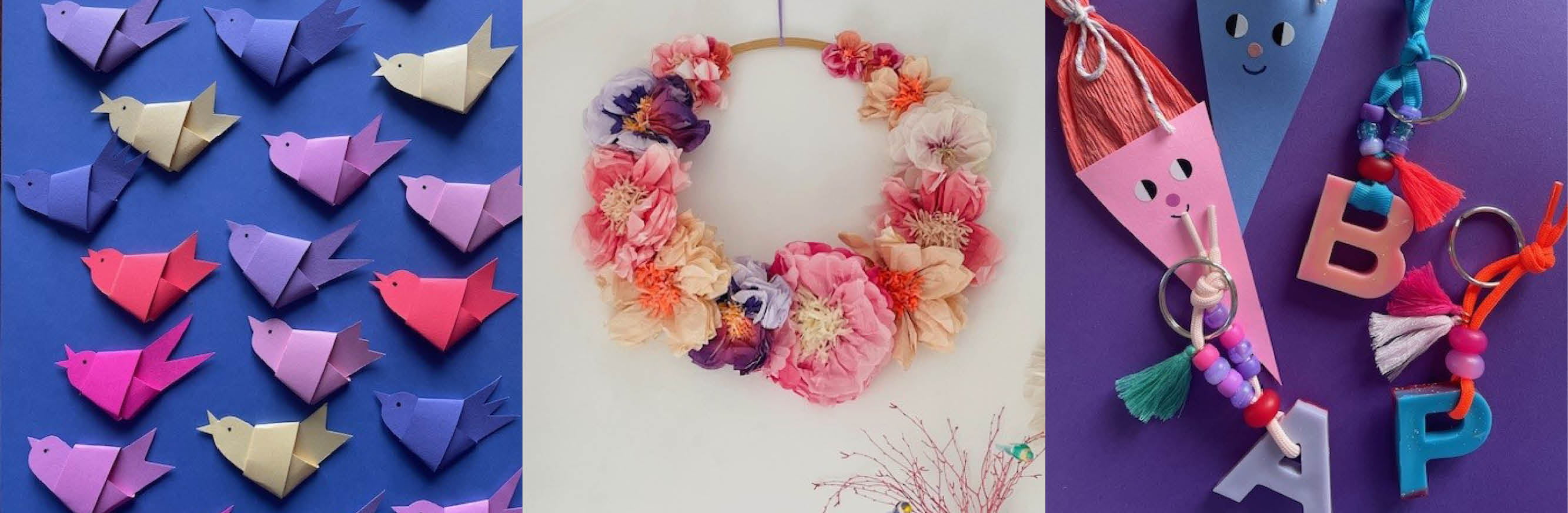 Gefaltete Vögel aus Papier, Blumenkranz aus Seidenpapierblumen und Anhänger in Buchstabenform gebastelt von @hellofeebee 