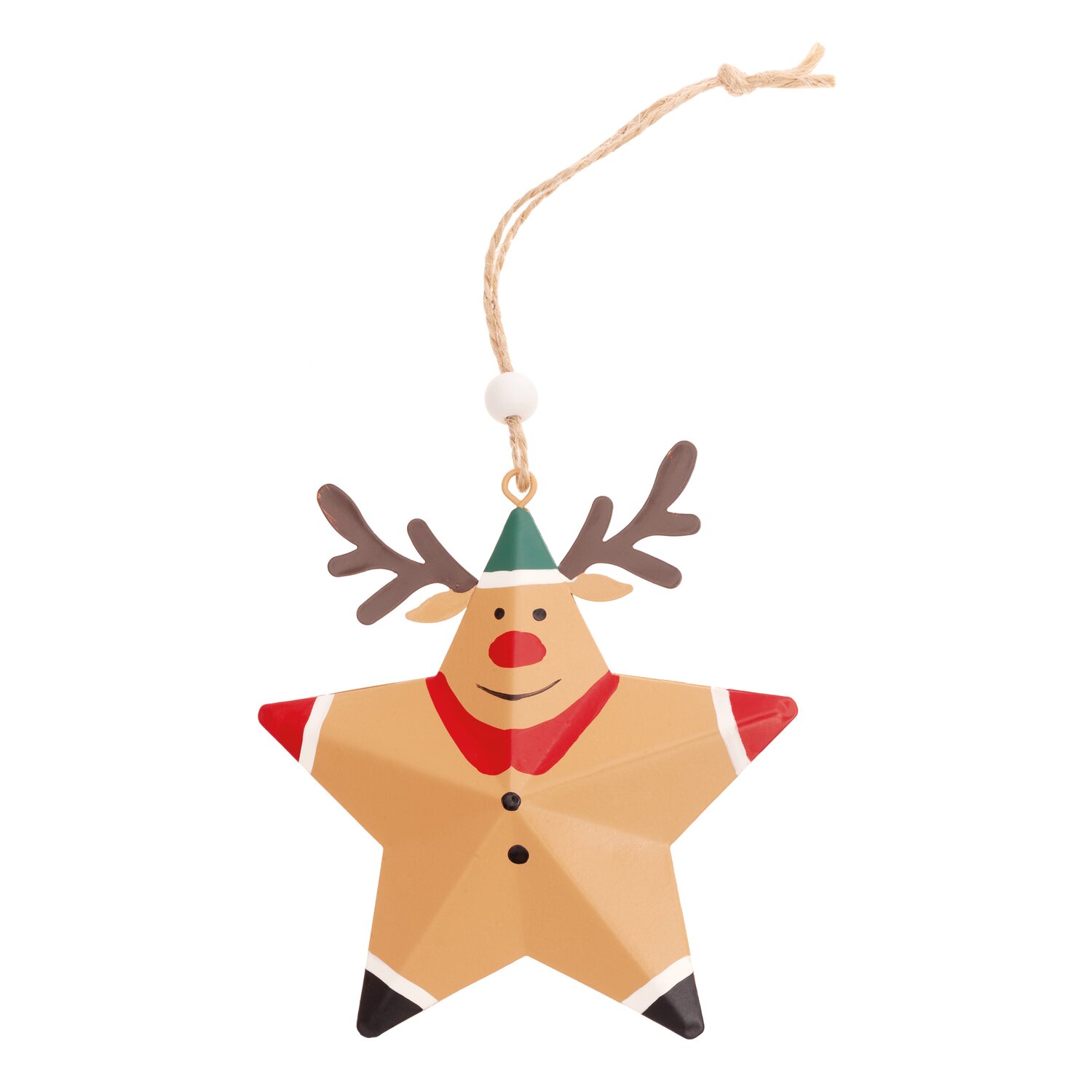 Metallhänger Rentier sternförmig natur 10,5x10,5cm von Rico Design. Weihnachtlicher Anhänger in Rentierform mit roten Details und grünem Hut.