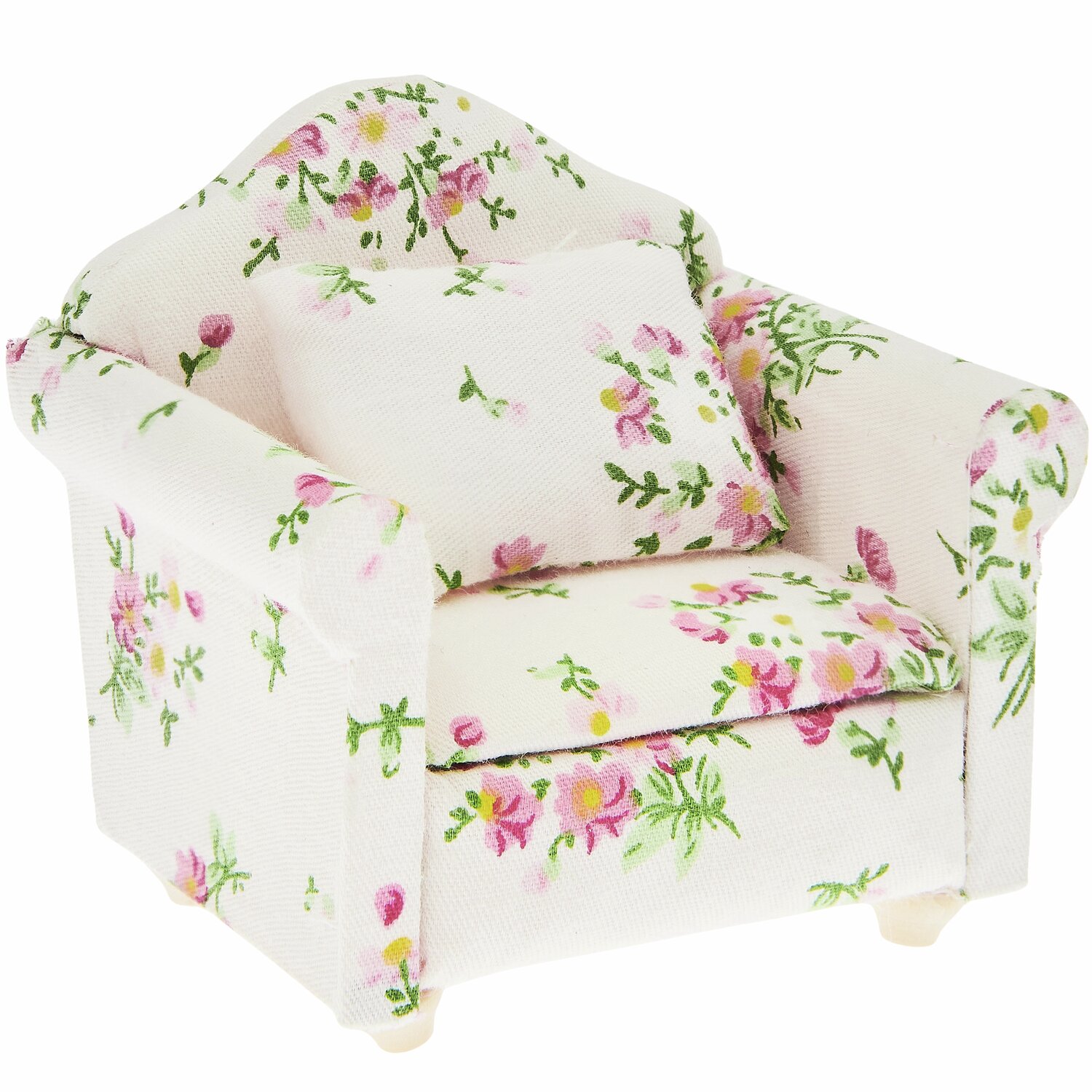 Miniatur Sessel mit floralen Mustern, von Rico Design. Weißer Stoff mit rosa und grünen Blumen.