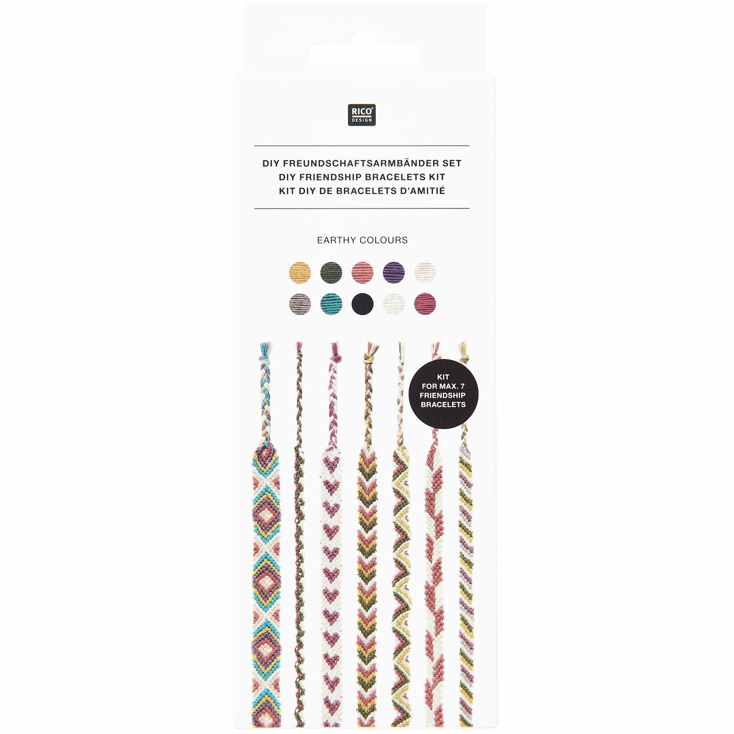 DIY Freundschaftsarmbänder Set Earthy Colours von Rico Design mit bunten Garnen für kreative Armbänder. Ideal für Bastelprojekte und Geschenke.