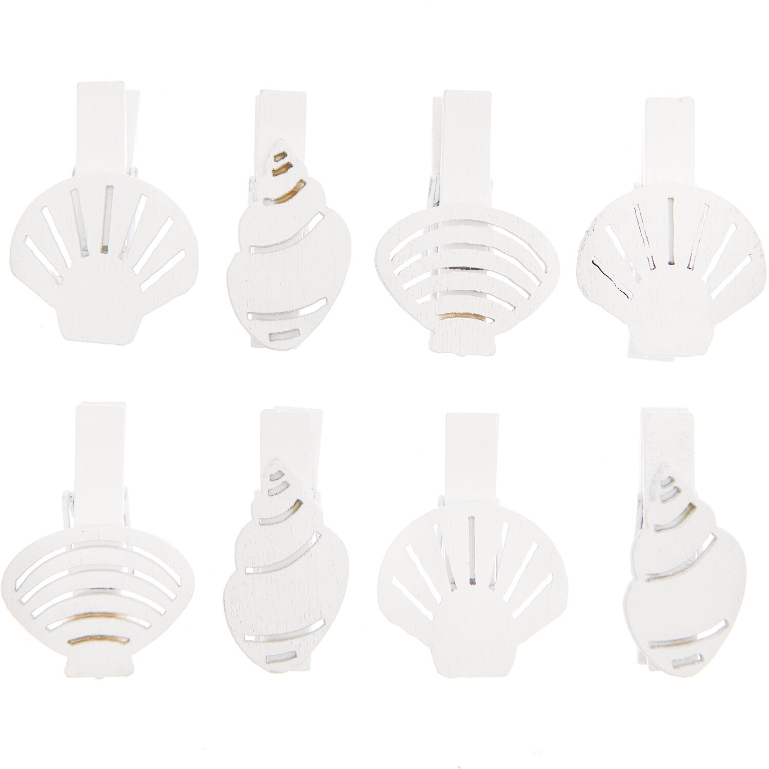 Dekoklammern Muschel Mix weiß 7x35mm, 8 Stück. Muschelförmige Klammern von Rico Design. Ideal für kreative Dekorationen.