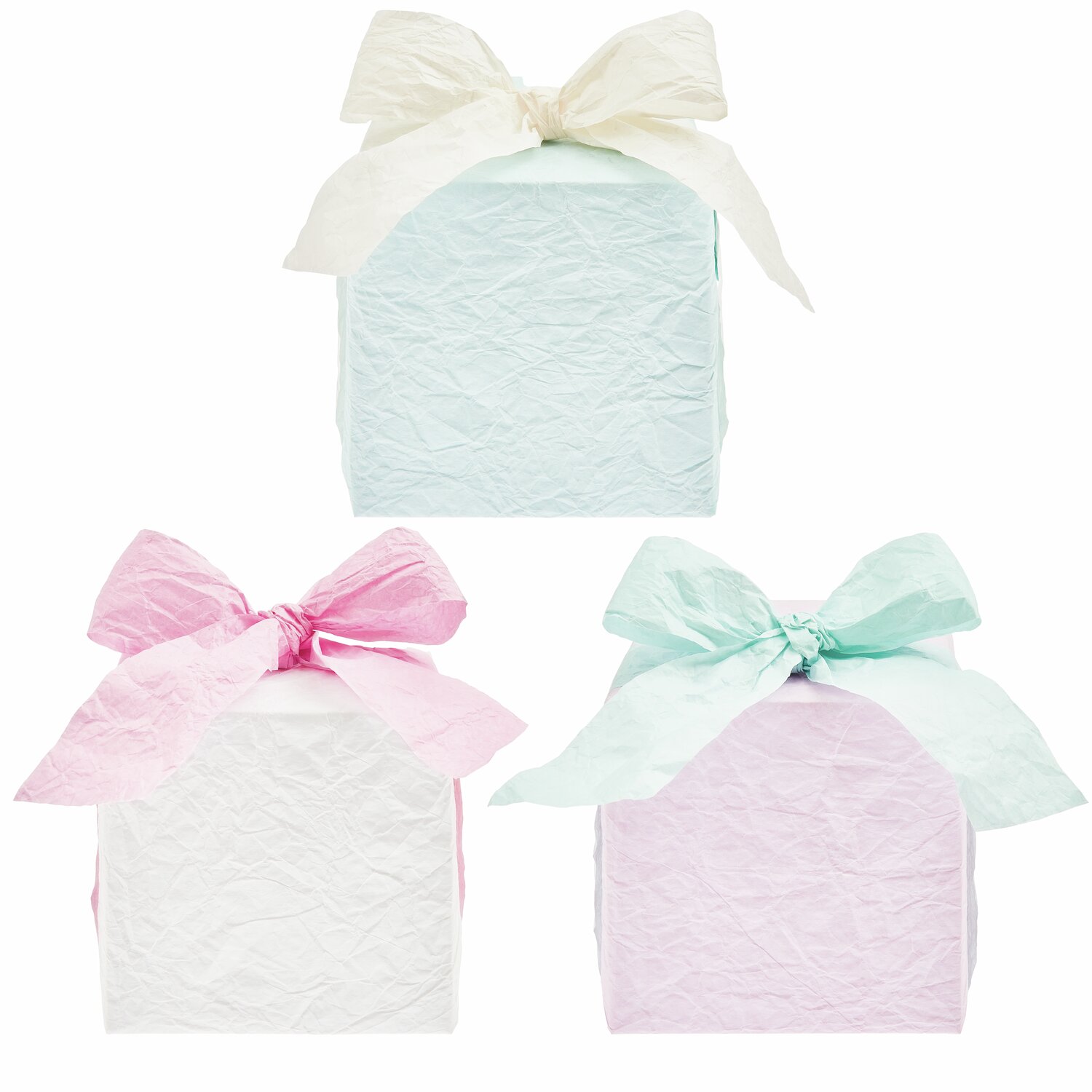 Knitter Papierbänder 3 Stück in Weiß, Rosa und Hellblau, dekorativ gebunden, ideal für Geschenkverpackungen.