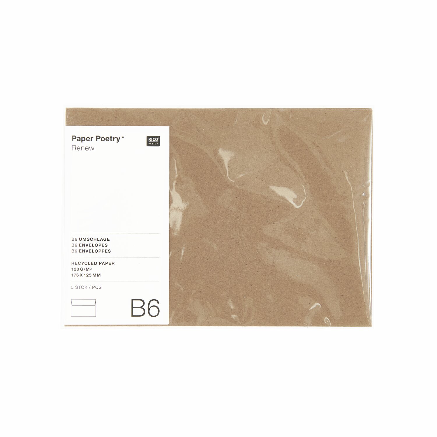 Paper Poetry Renew Umschläge B6 aus Kraftpapier, 5 Stück, von Rico Design, in natürlichem Braun.