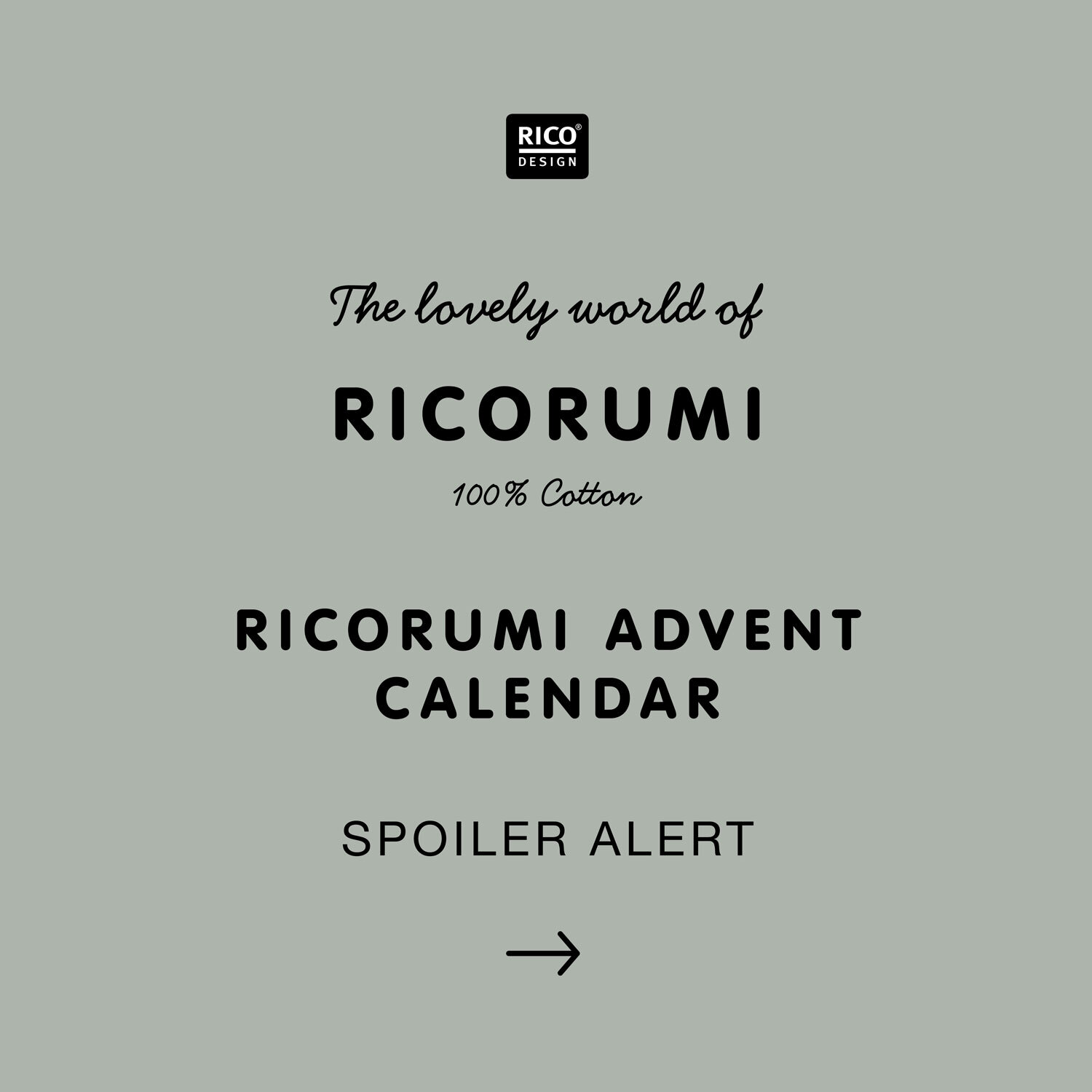 Ricorumi Adventskalender Weihnachtsmarkt von Rico Design auf grauem Hintergrund mit Spoiler-Hinweis.