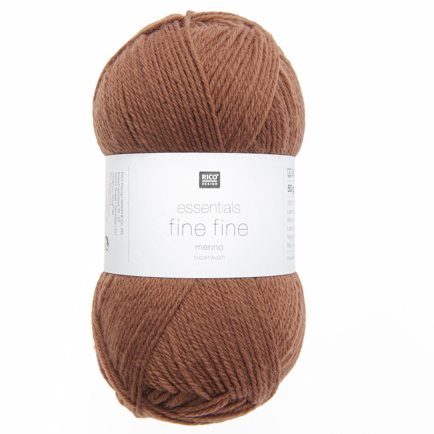 Essentials Fine Fine Merino: Weiches, braunes Garn von Rico Design, 50g, 200m, ideal zum Stricken.