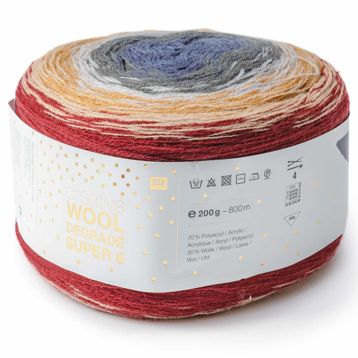 Creative Wool Dégradé Super6: Farbverlaufsgarn in Rot-Blau von Rico Design, 200g, 800m, ideal für Strickprojekte.