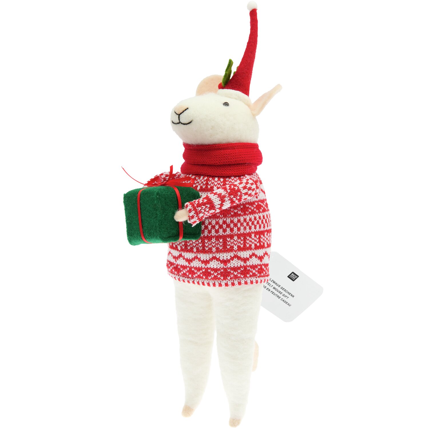 Filz-Maus XXL mit Geschenk und rotem Strickpulli 37x9x13cm von Rico Design