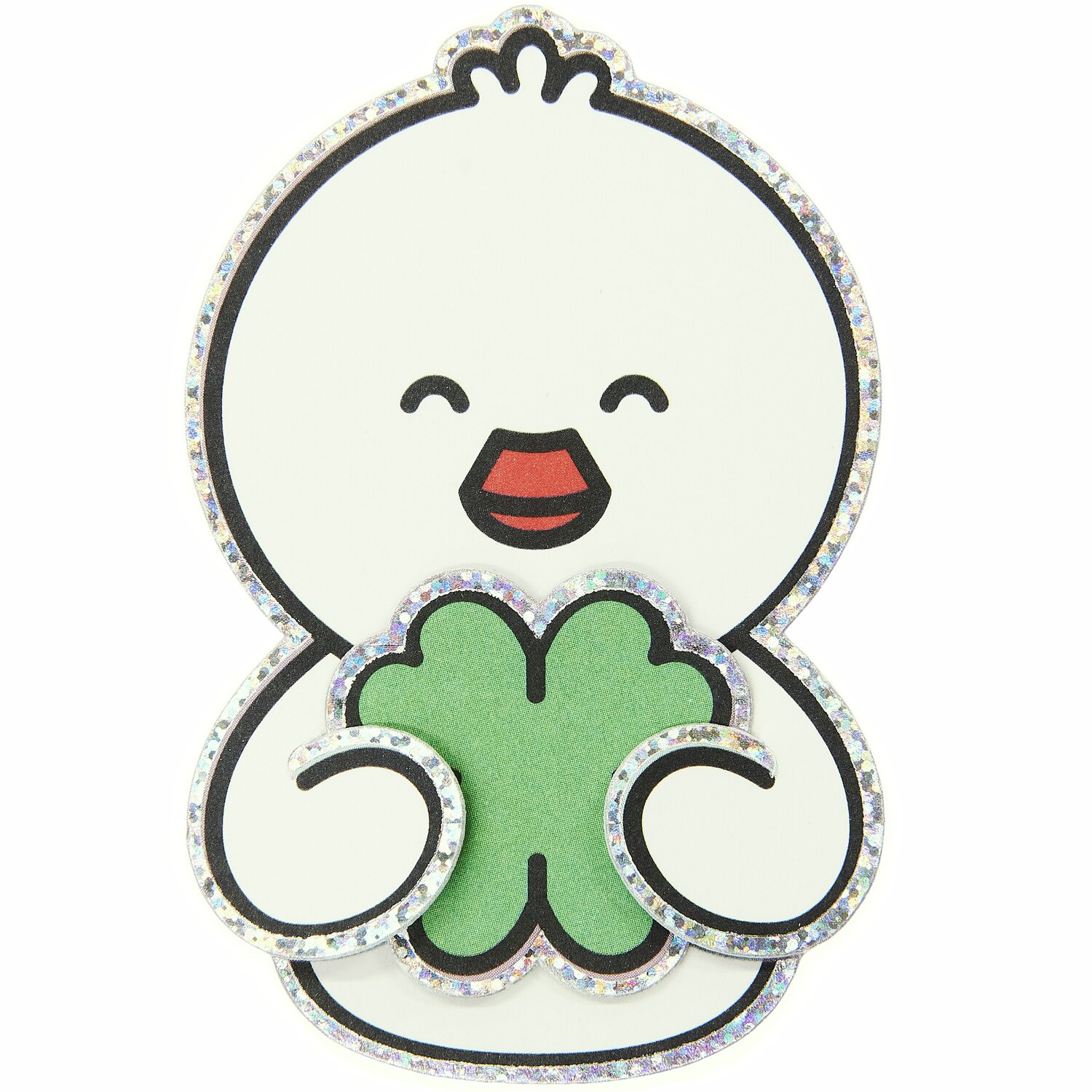 Paper Poetry Clip-Ons Chingu Sky: Weißer Cartoon-Vogel mit grünem Kleeblatt, umrandet von glitzerndem Silber. Ideal für kreative Projekte.