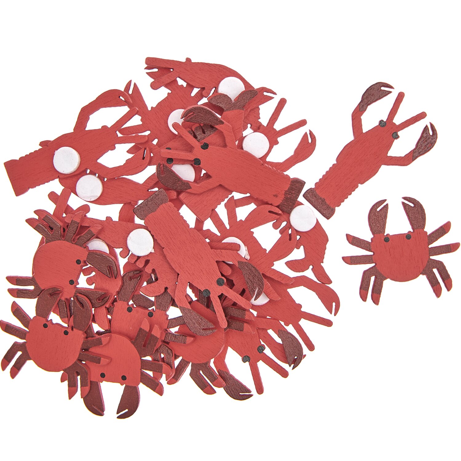 Holzsticker Meerestiere Mix rot 24 Stück: Rote Krabben und Hummer aus Holz, ideal für kreative Bastelprojekte.