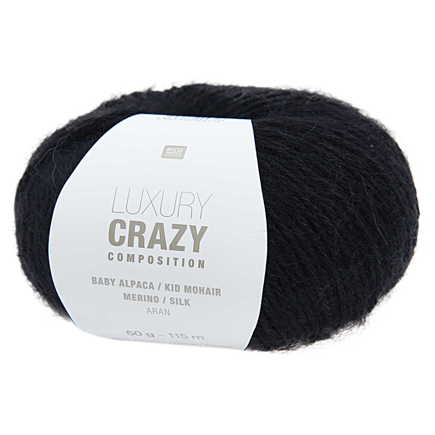 Luxury Crazy Composition aran: Weiches, schwarzes Garnknäuel von Rico Design, ideal für Strickprojekte.