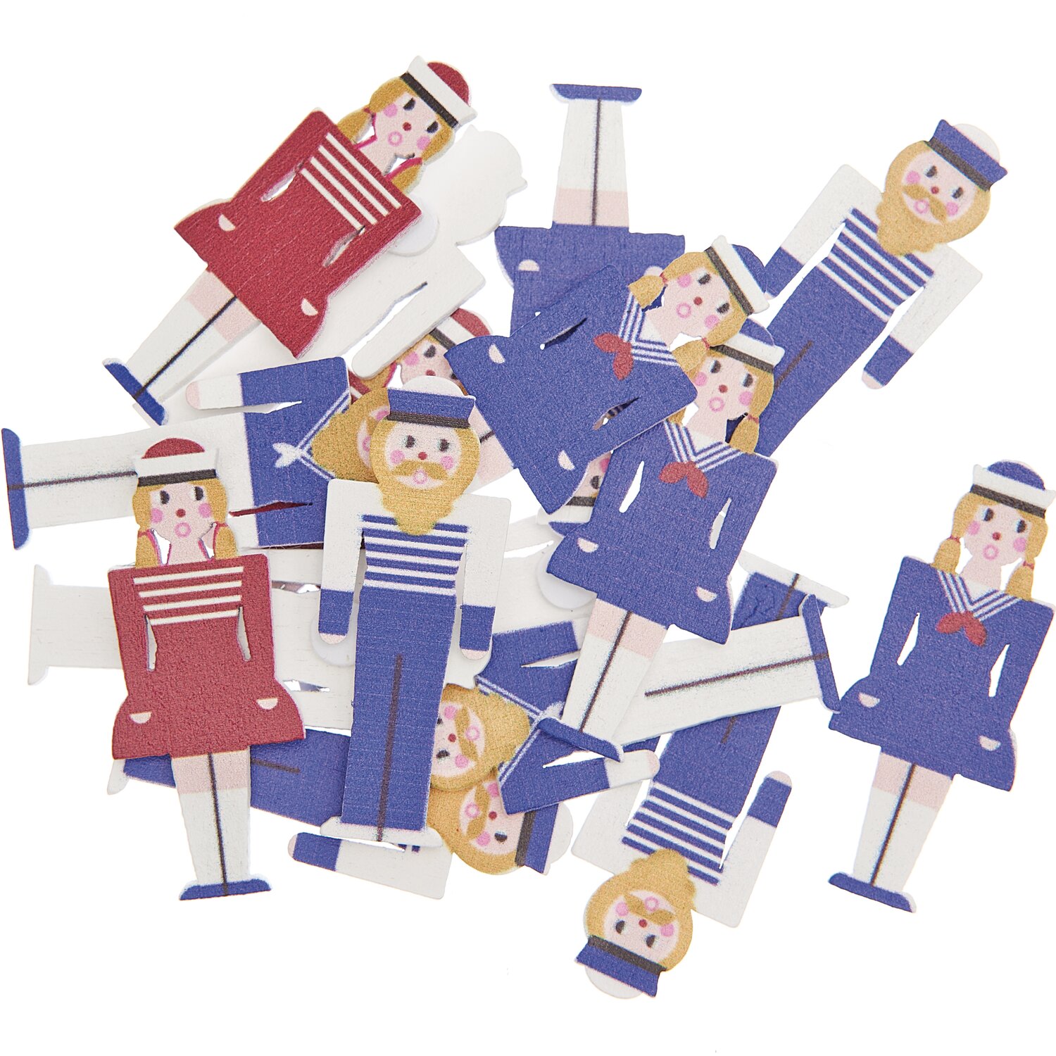 Holzsticker Seeleute blau-rot 16 Stück: Bunte Figuren in Matrosenoutfits, ideal für kreative Bastelprojekte.
