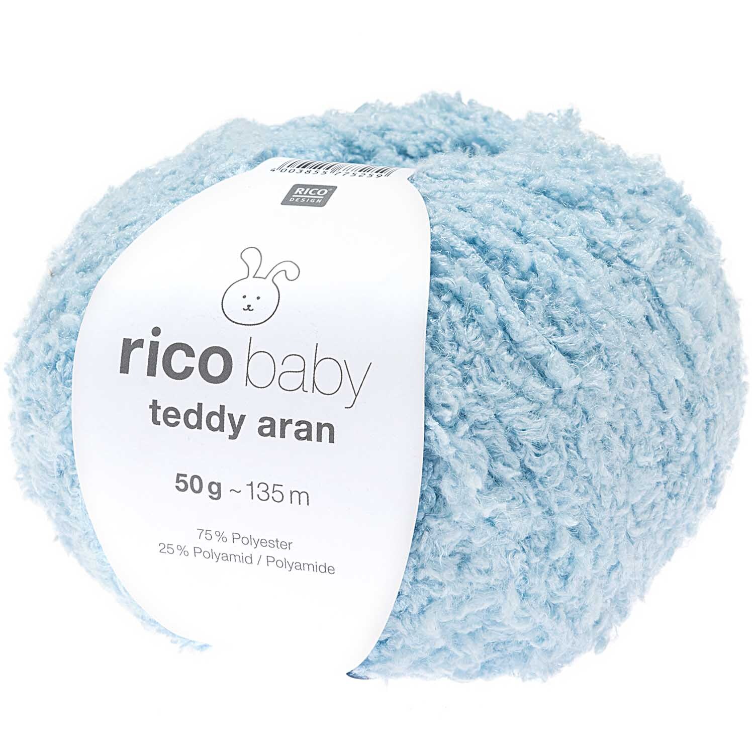 Rico Baby Teddy aran Wolle in Hellblau, 50g Knäuel, ideal für weiche Strickprojekte. Marke: Rico Design.