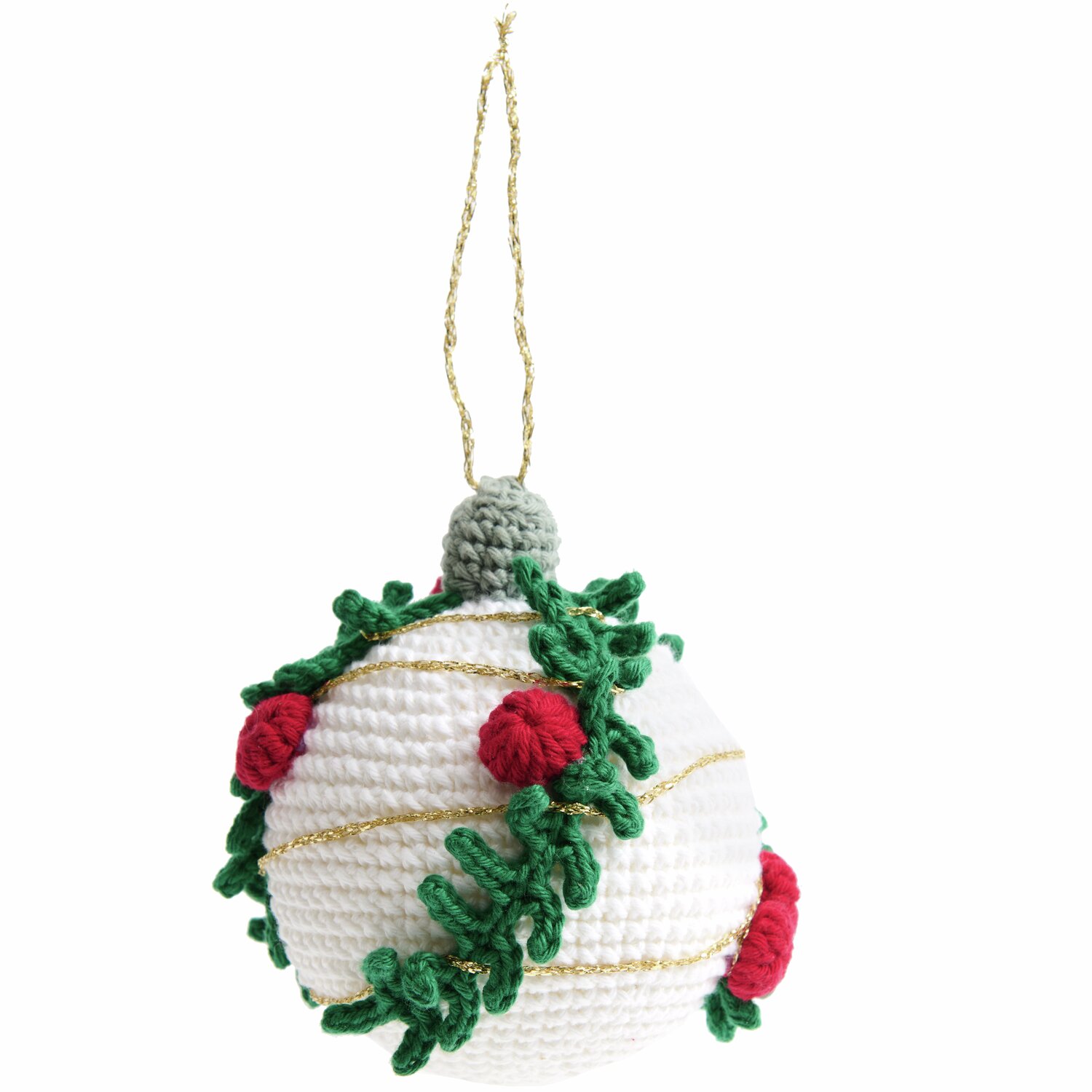 Ricorumi Häkelset Christbaumkugeln Gold: Weiße Kugel mit grünen und roten Details, von Rico Design.