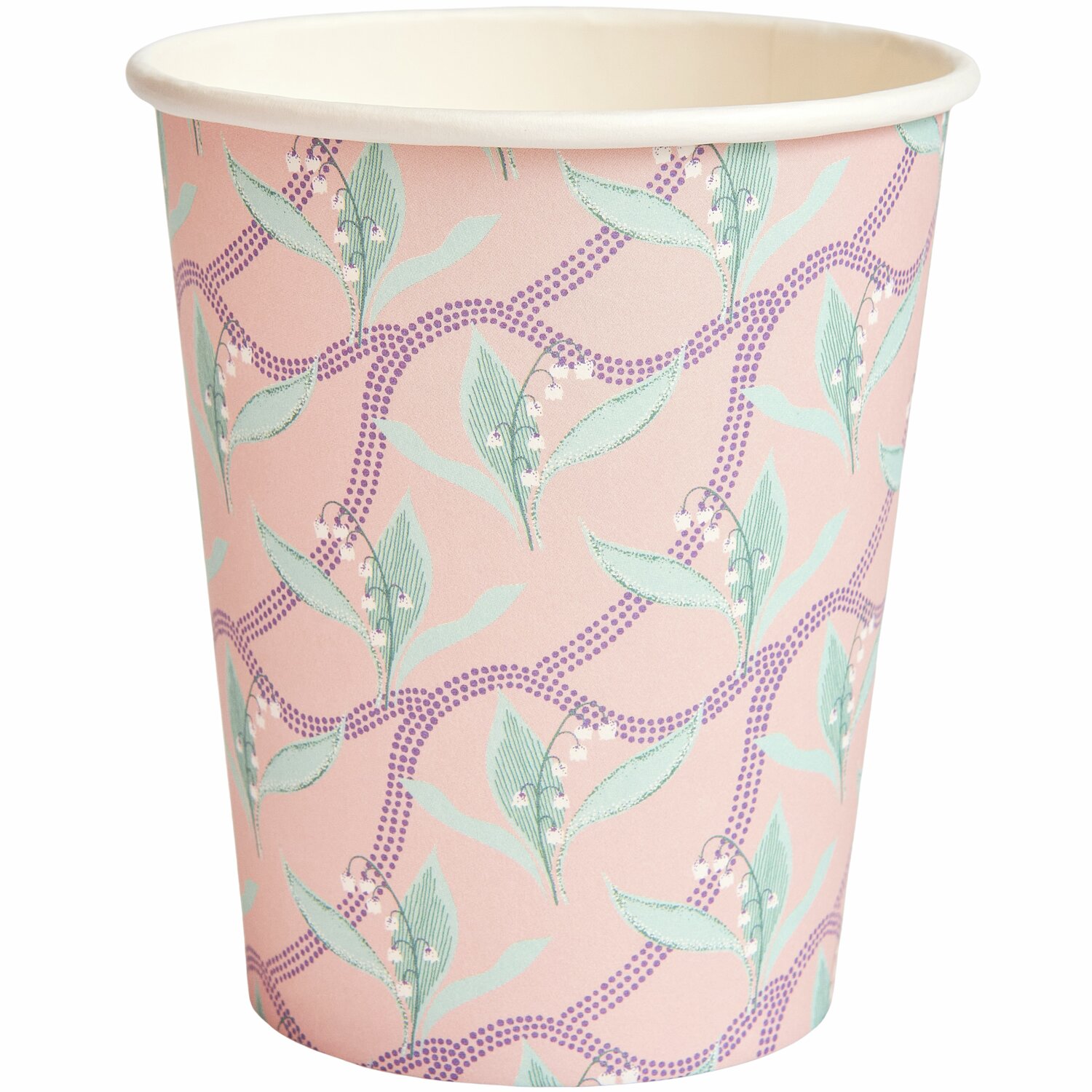 Pappbecher Schneeglöckchen 8 Stück, pastellrosa mit floralen Mustern, 250ml, ideal für Partys.