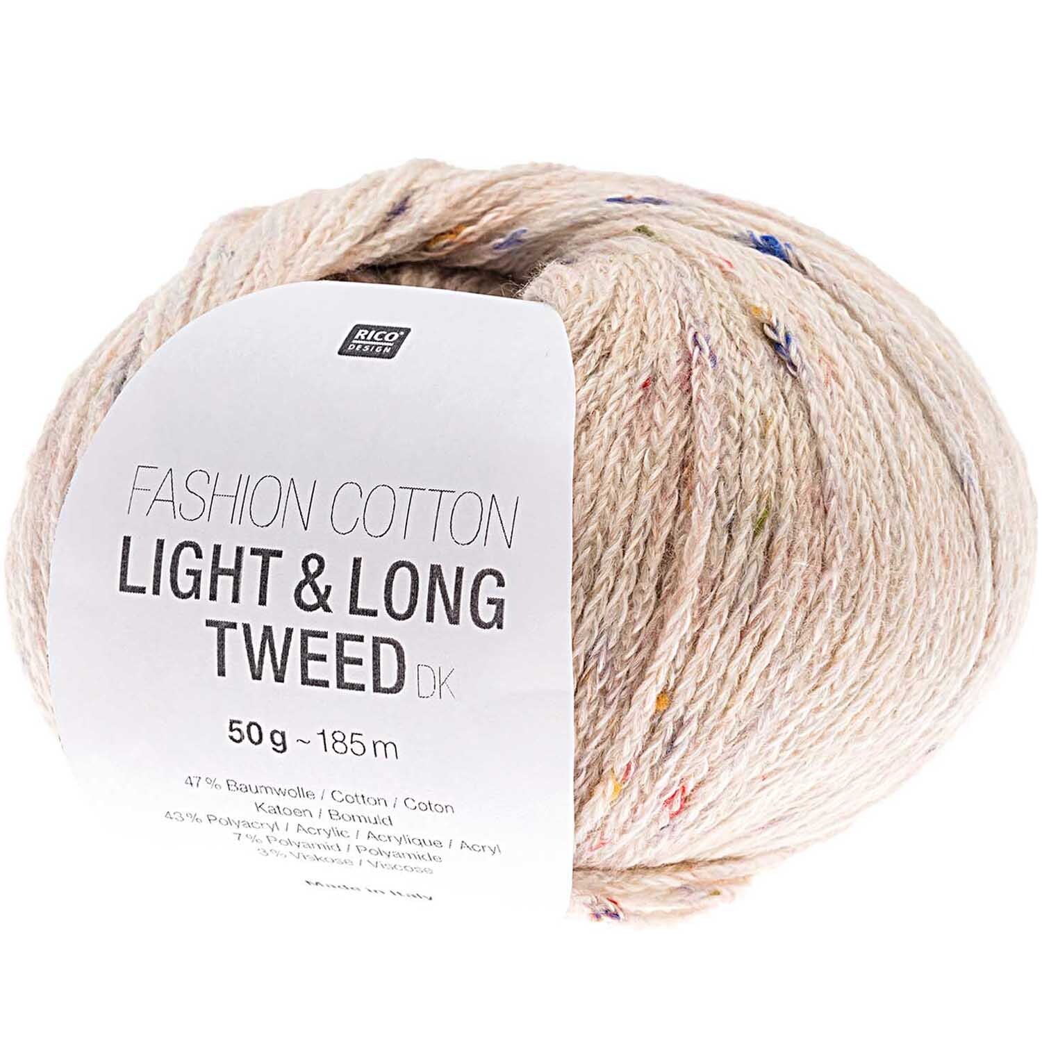 Fashion Cotton Light & Long Tweed dk von Rico Design in Naturfarbe, 50g Knäuel mit 185m Länge. Ideal für Strickprojekte.