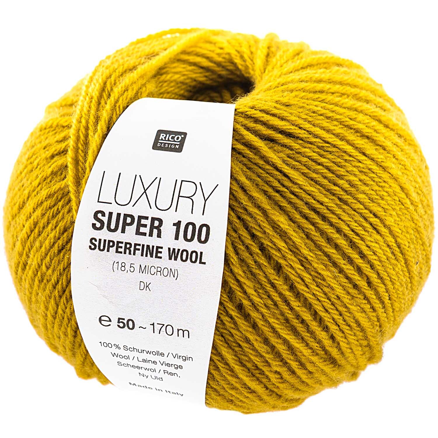 Luxury Super 100 Superfine Wool dk 50g 165m Farbe Senf von Rico Design Luxury Super 100 Superfine Wool dk in Senf von Rico Design, 50g Knäuel, ideal für feine Strickprojekte.