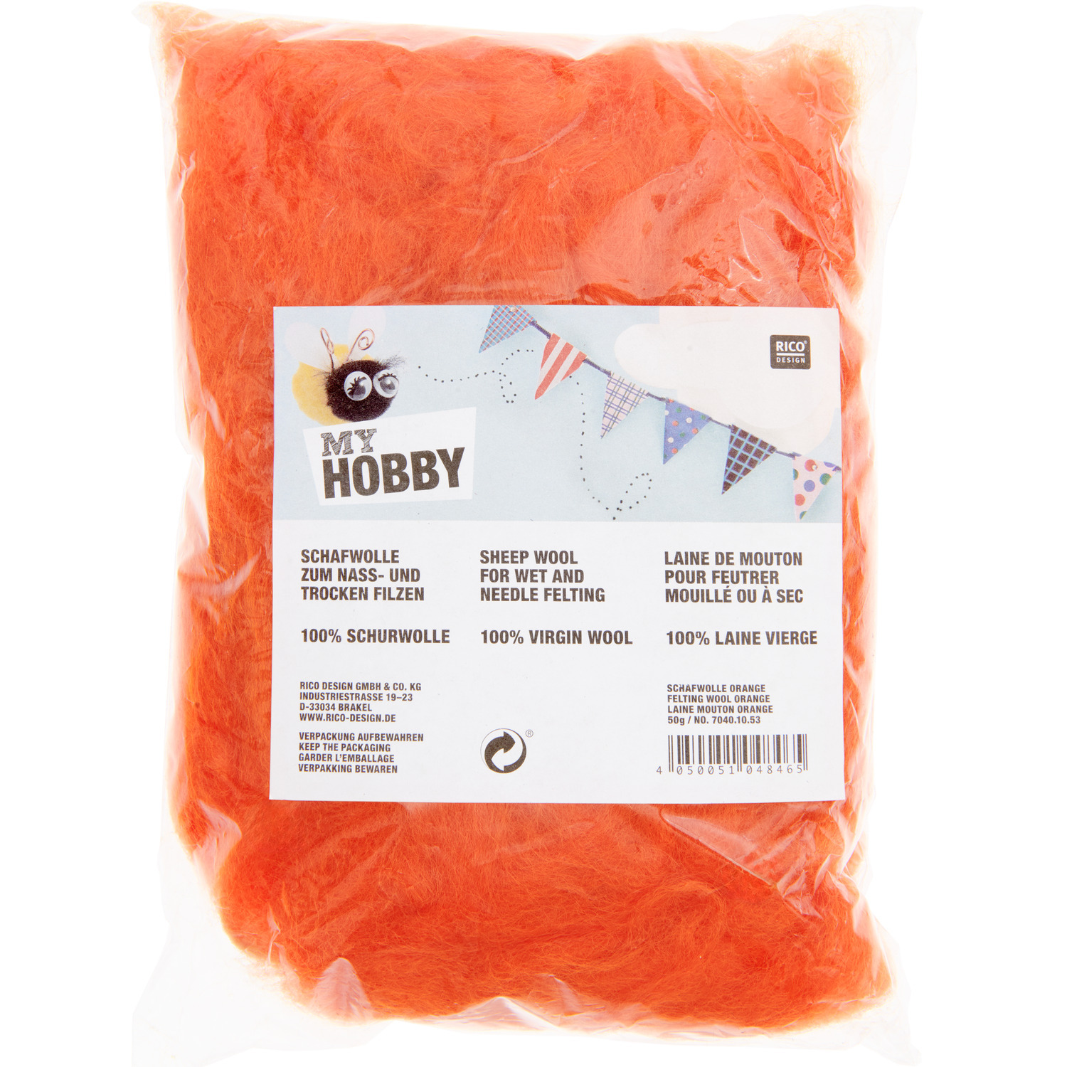 Schafwolle 50g von Rico Design in leuchtendem Orange, ideal zum Nass- und Trockenfilzen.