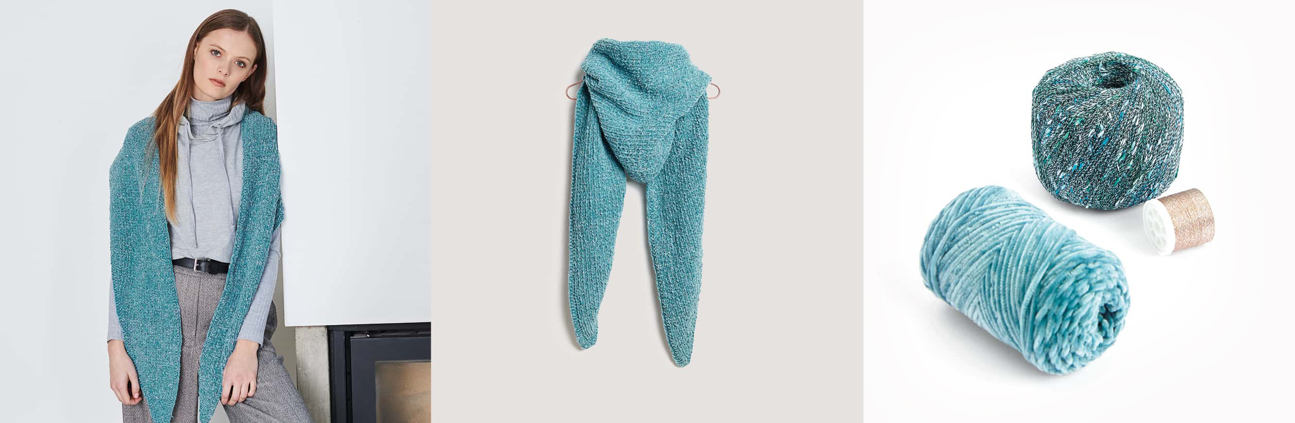 Gestricktes Dreieckstuch in Blau Modell 21b aus Lovewool No. 19 getragen am Model und auf einem Kleiderbügel. Daneben Wollknäuel und Beilaufgarne in Blau und Gold